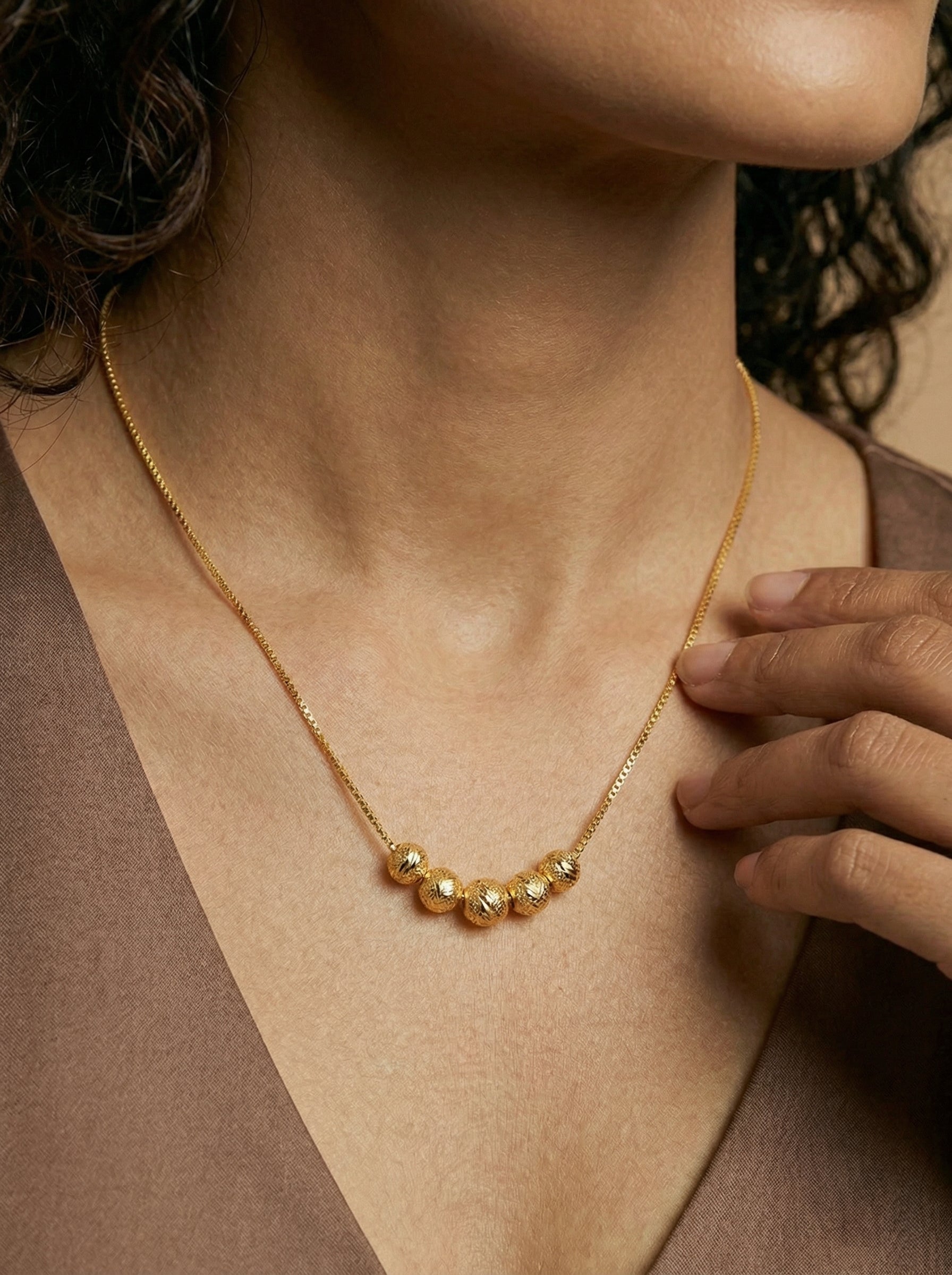 Gold Five Blessing Lucky Beads Necklace - Alloy Titanium Steel Box Chain