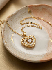 Gold 18K Electroplated Stainless Steel Heart Pendant Necklace with Crystal Accent