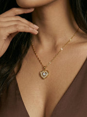 Gold 18K Electroplated Stainless Steel Heart Pendant Necklace with Crystal Accent