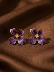Purple Floral Silver Needle Earrings with Gold Trim
