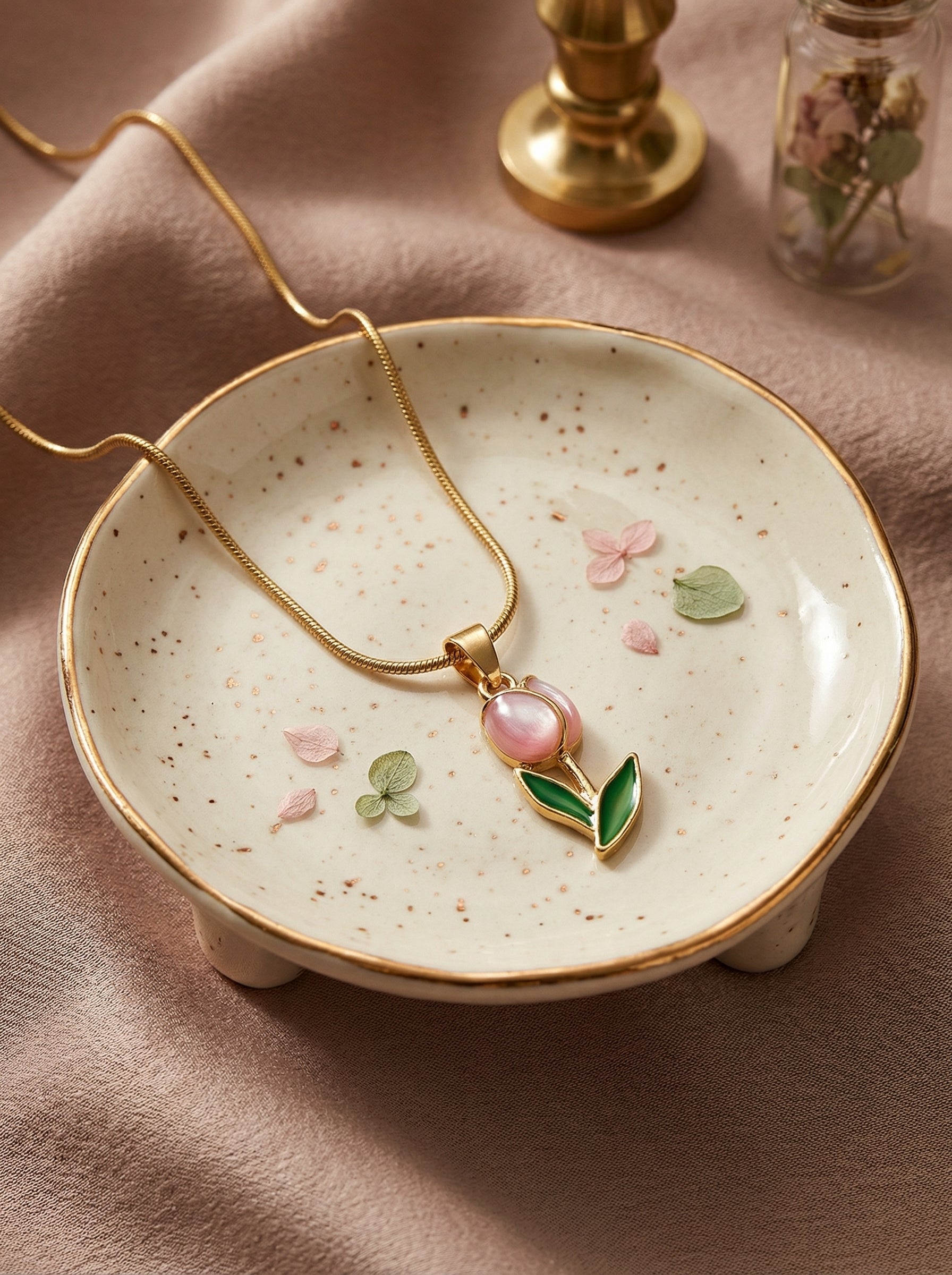 Pink Flower Alloy Copper Necklace with Gold-Tone Chain