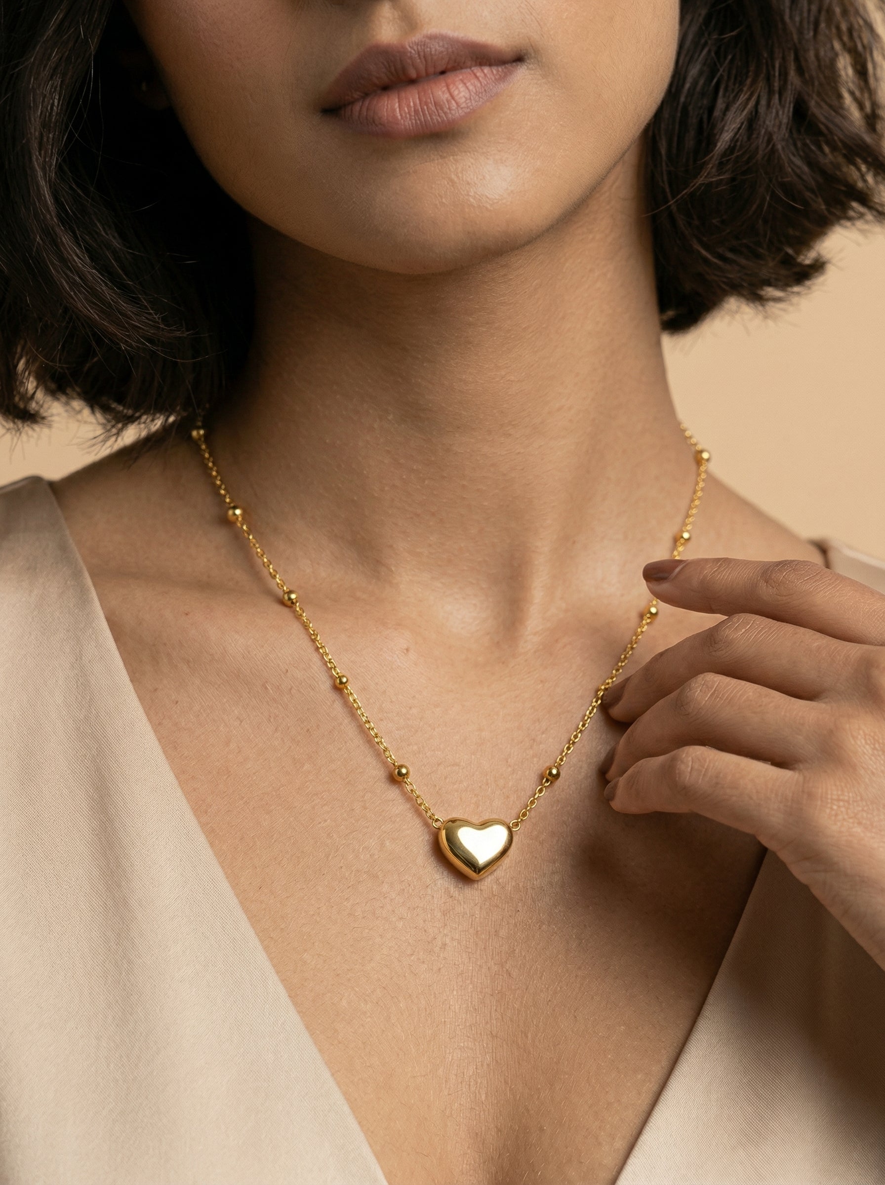 Gold PVD Stainless Steel Heart Pendant Necklace with Round Beads