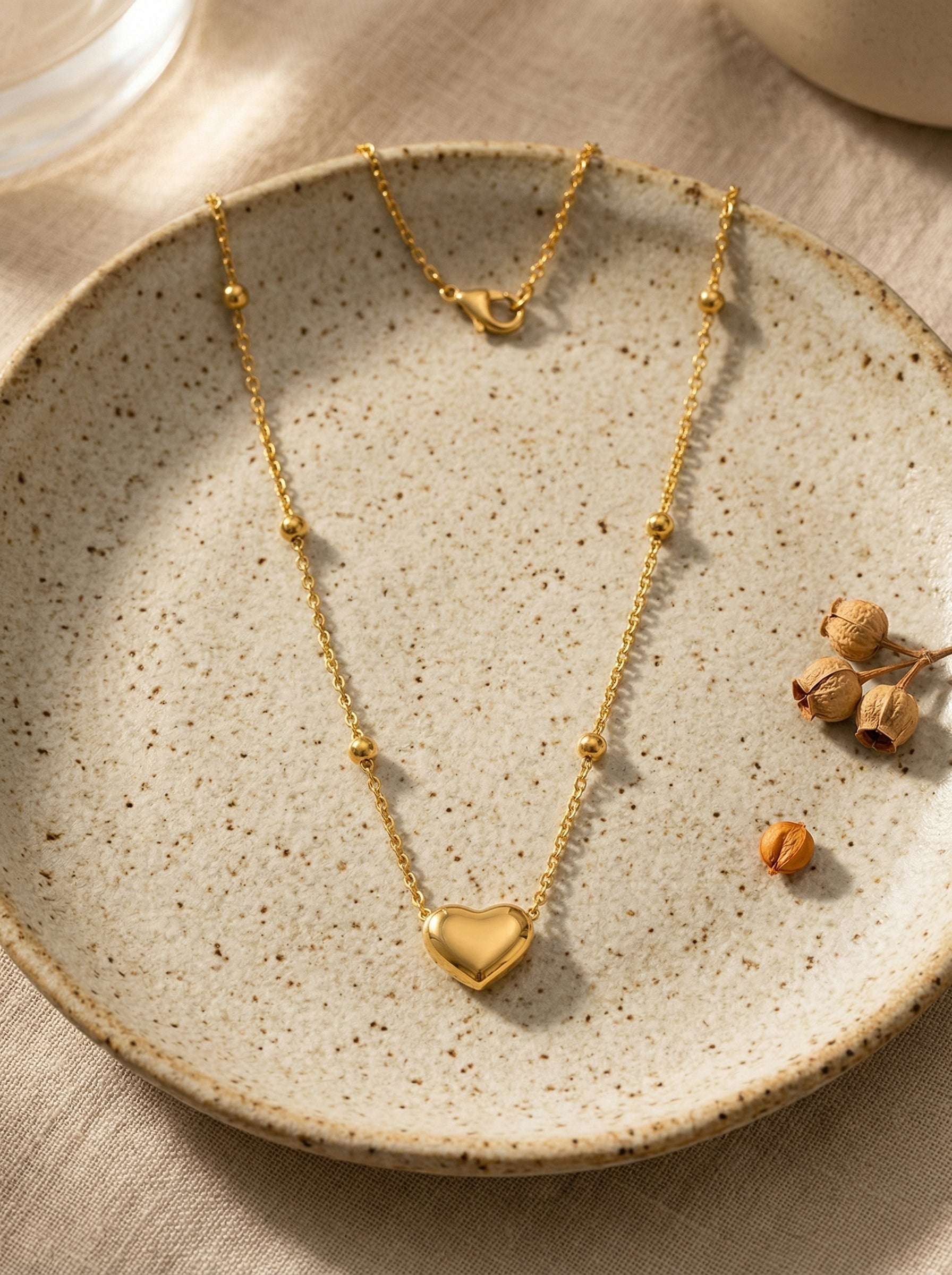 Gold PVD Stainless Steel Heart Pendant Necklace with Round Beads
