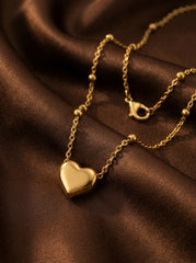 Gold PVD Stainless Steel Heart Pendant Necklace with Round Beads