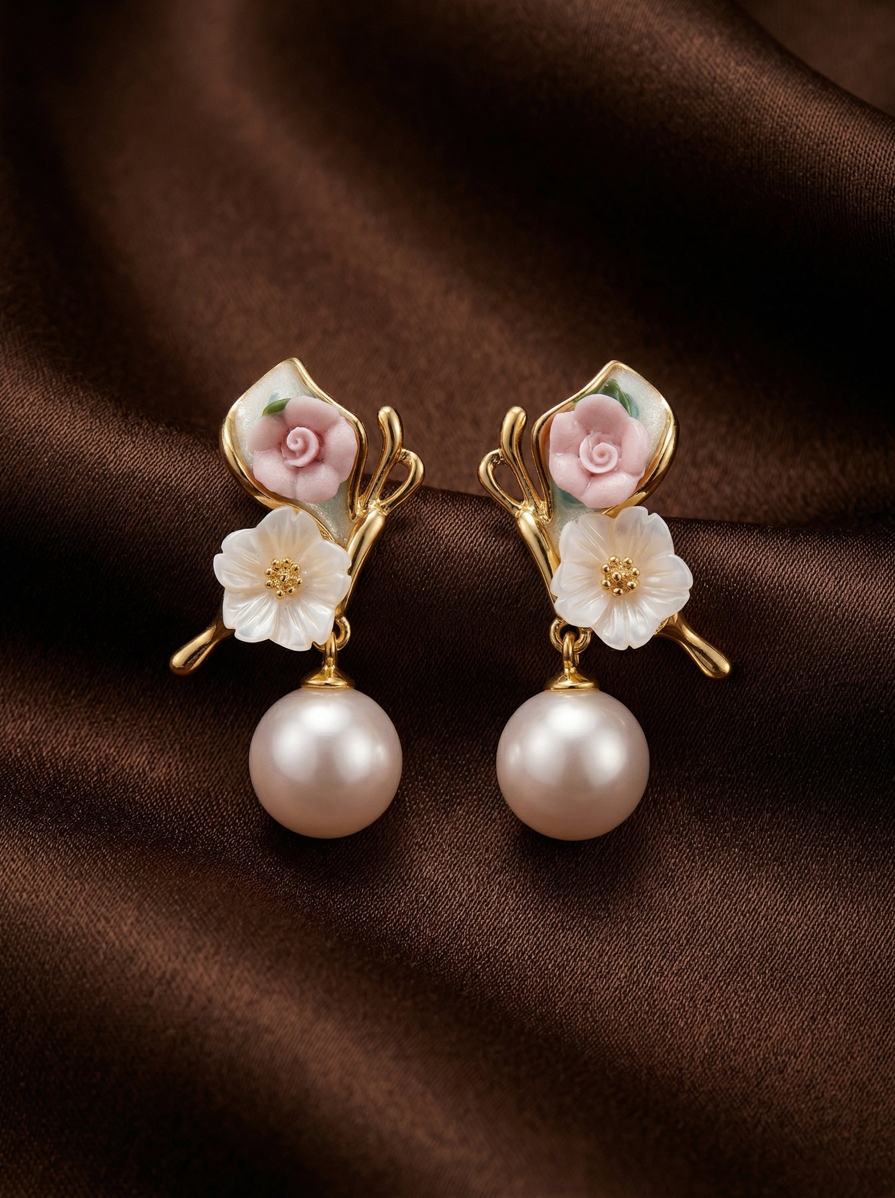 Pink White Floral Pearl Stud Earrings Gold-Tone