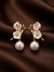 Pink White Floral Pearl Stud Earrings Gold-Tone