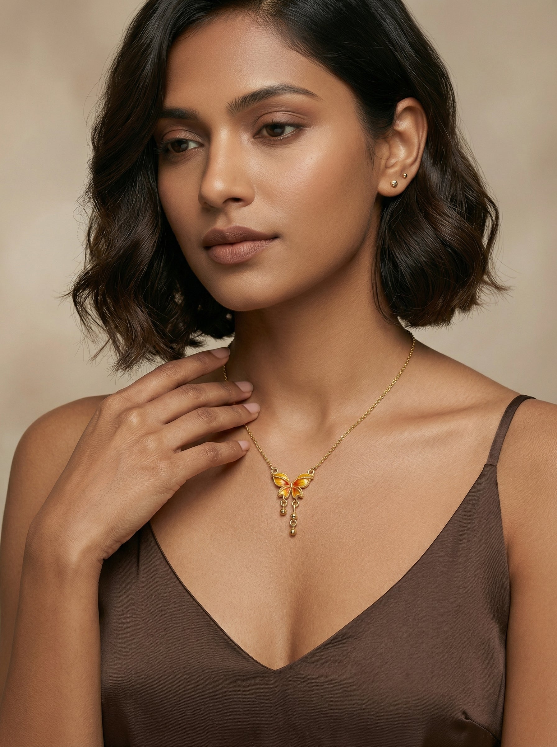 Dream Butterfly Necklace in Gold-Tone Titanium Steel with Orange Accents