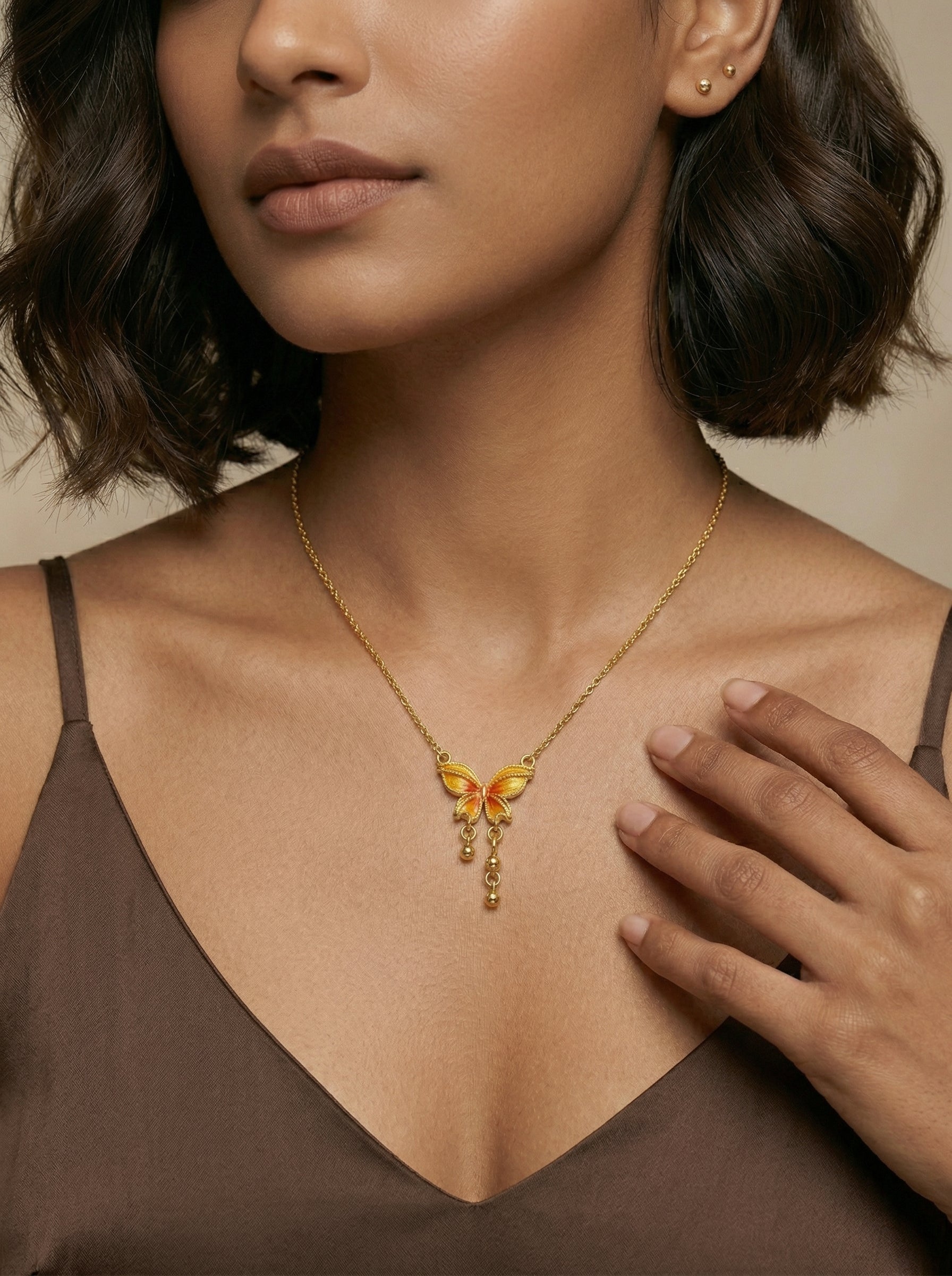 Dream Butterfly Necklace in Gold-Tone Titanium Steel with Orange Accents