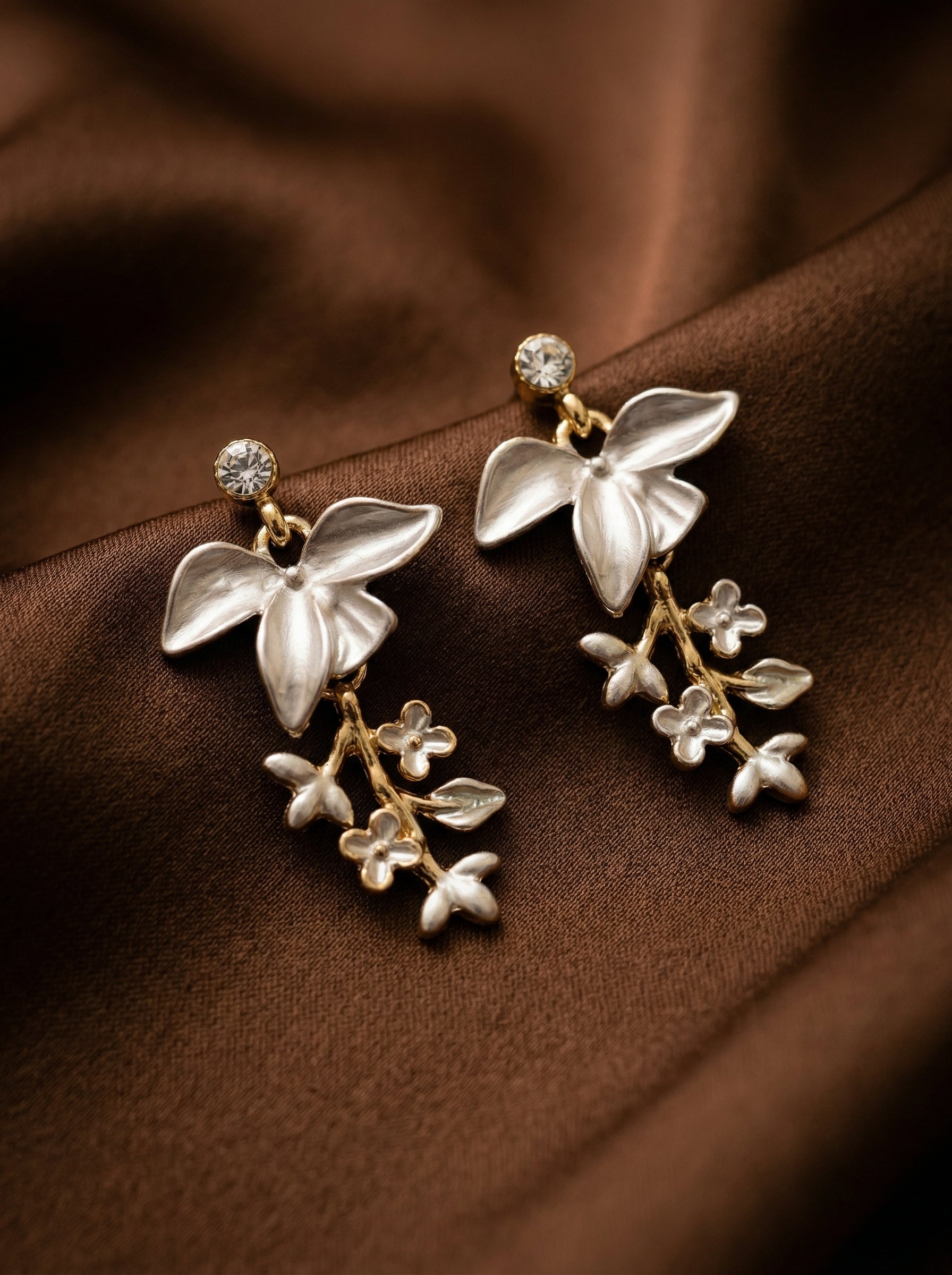 Zirconia Tulip Flower Drop Earrings for Women | Dual Tone Floral Dangle Earrings