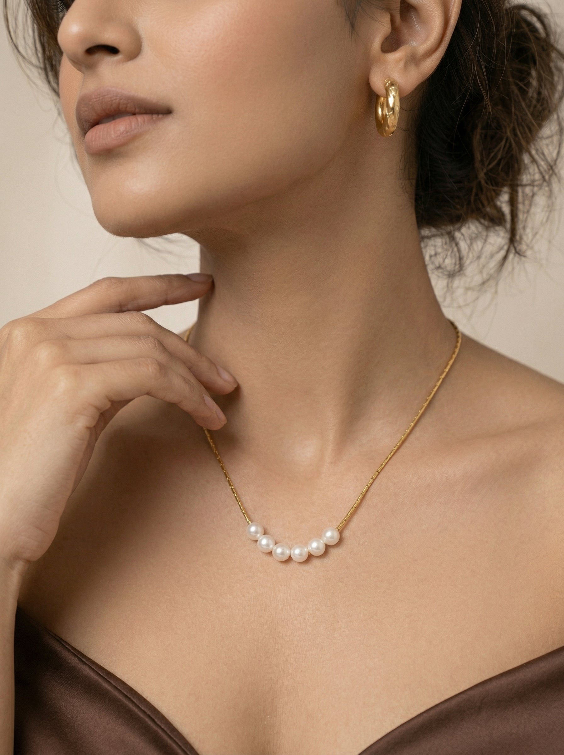 18K Gold Women's Stainless Steel Pendant Necklace with Pearls 47cm