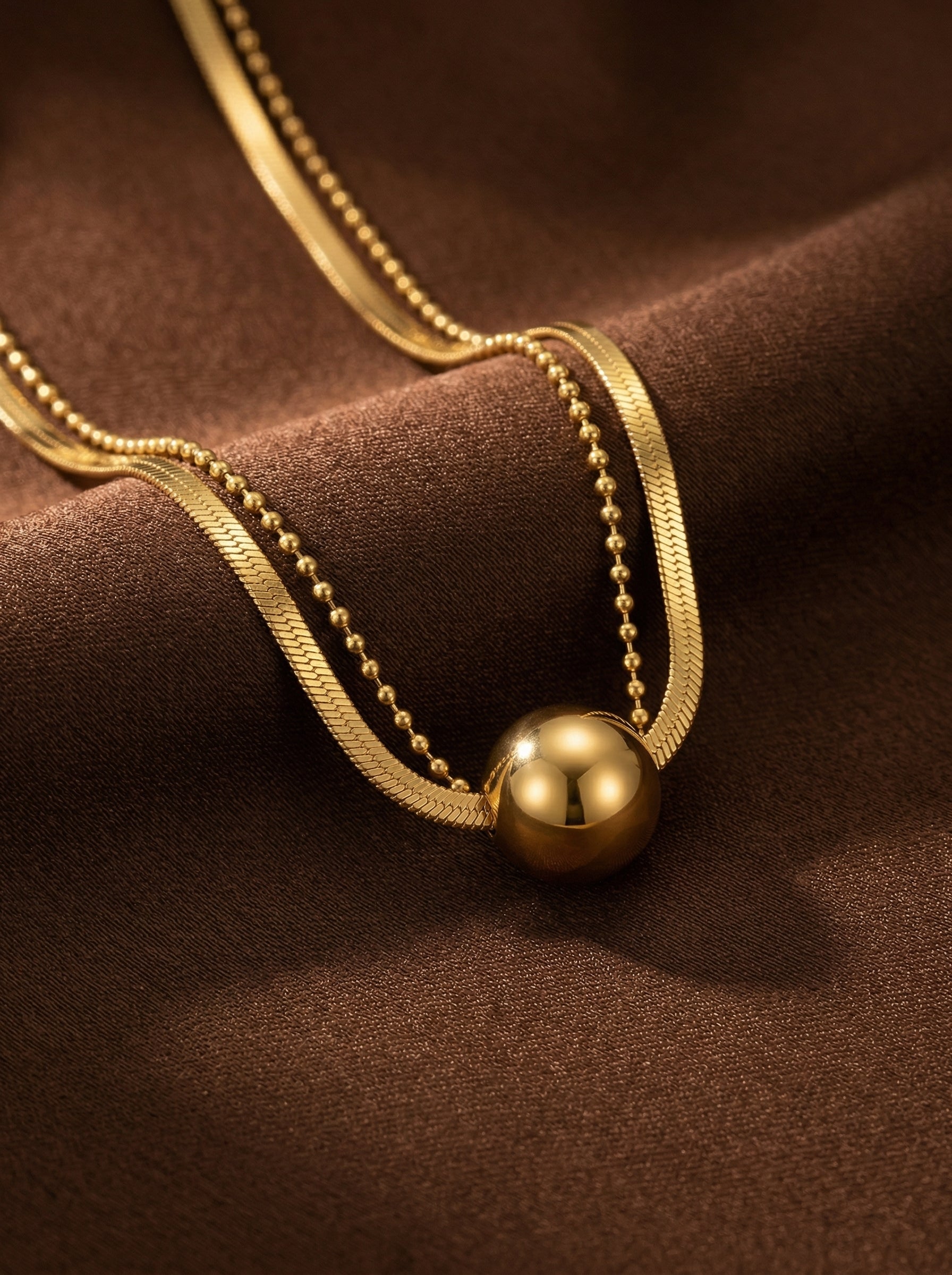 Gold Double Layer Titanium Steel Necklace with Round Ball Pendant