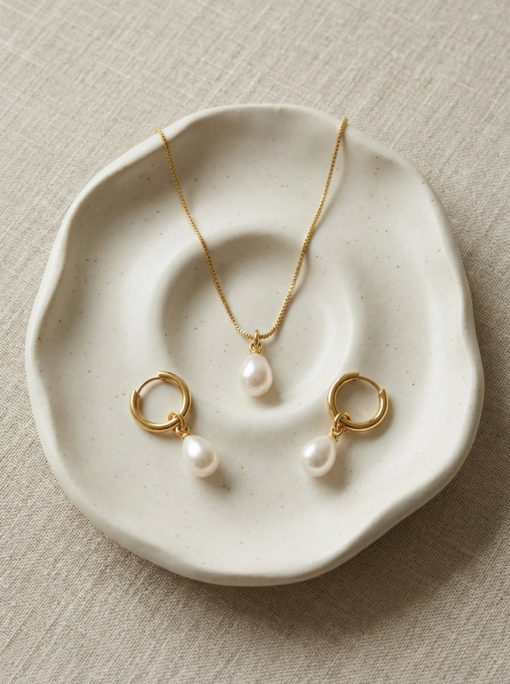 Gold Stainless Steel Teardrop Pearl Necklace & Hoop Earrings Set