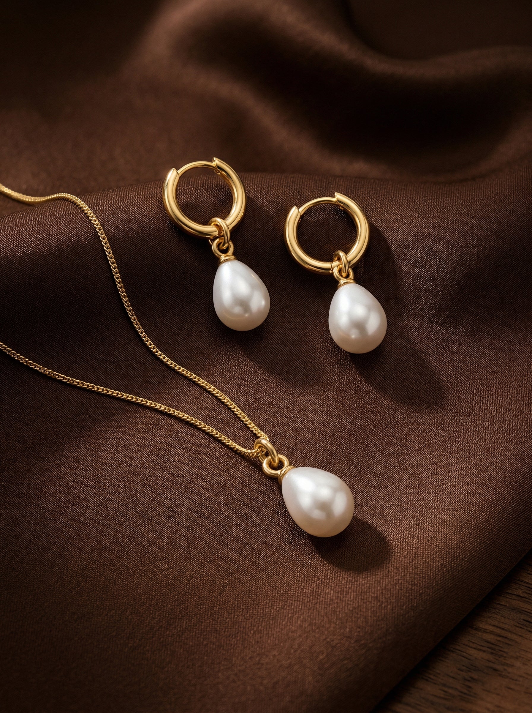 Gold Stainless Steel Teardrop Pearl Necklace & Hoop Earrings Set