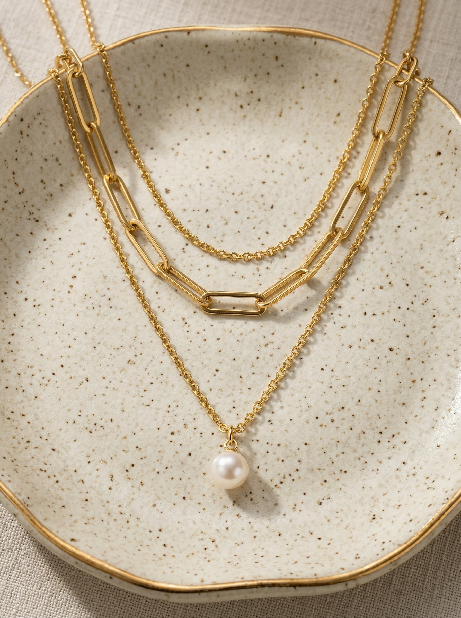 Gold Pearl Three-Layer Chain Necklace