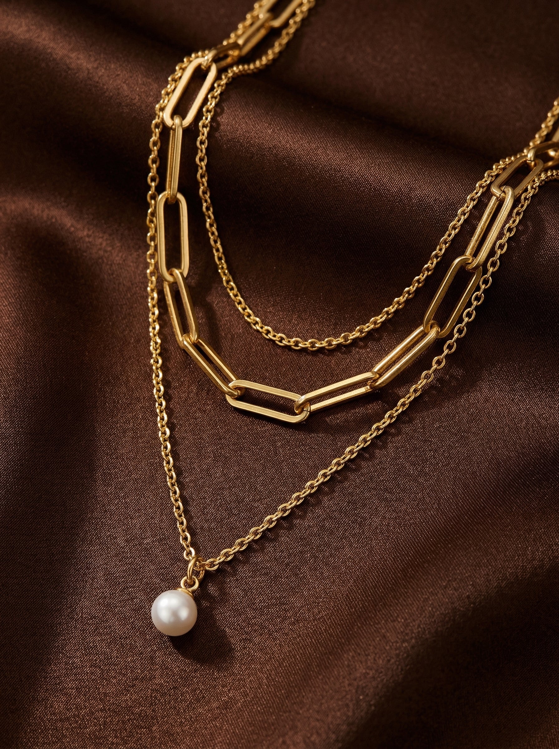 Gold Pearl Three-Layer Chain Necklace