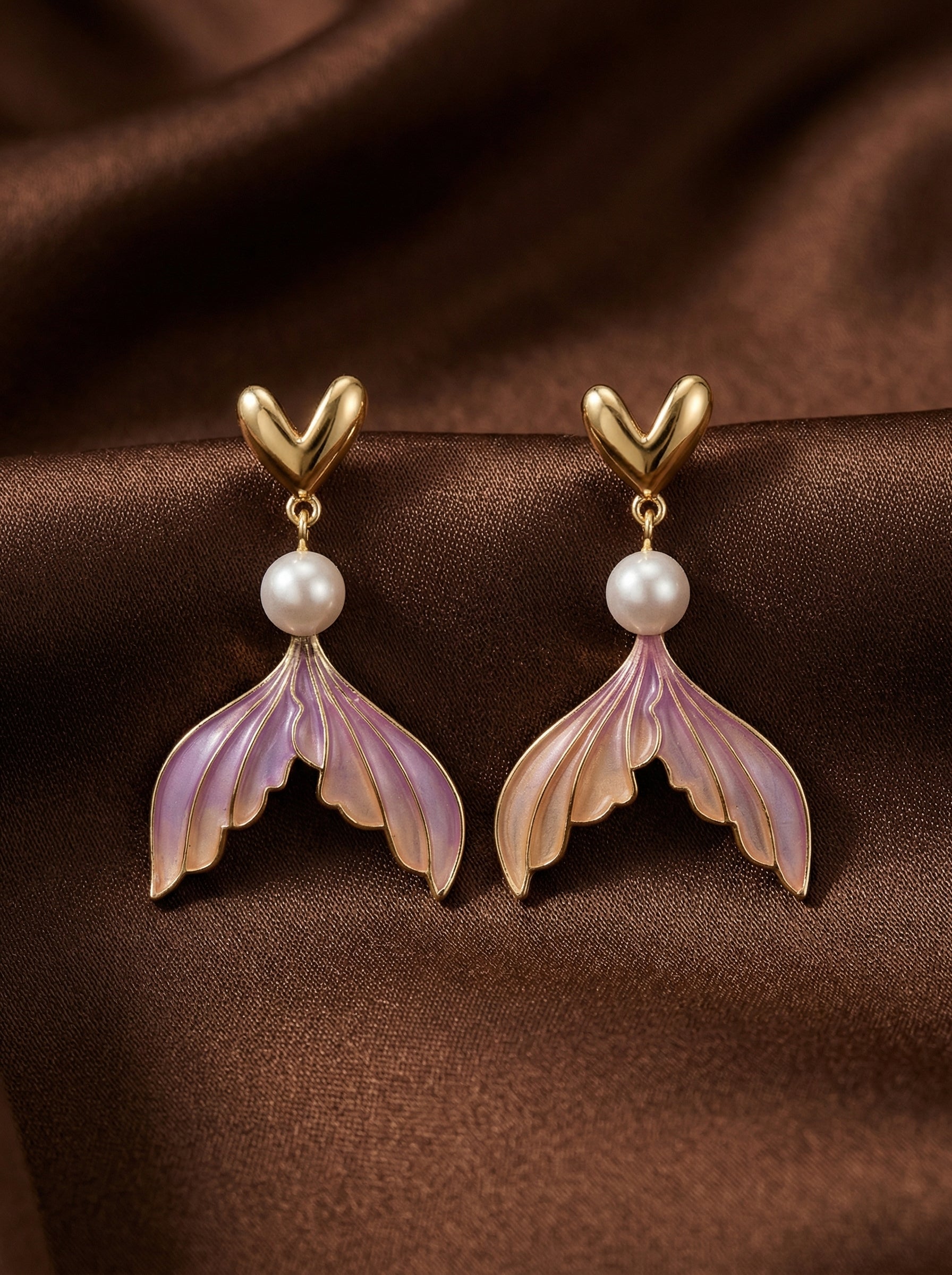 Lavender Purple Gold Fishtail Silver Needle Drop Earrings with Pearl