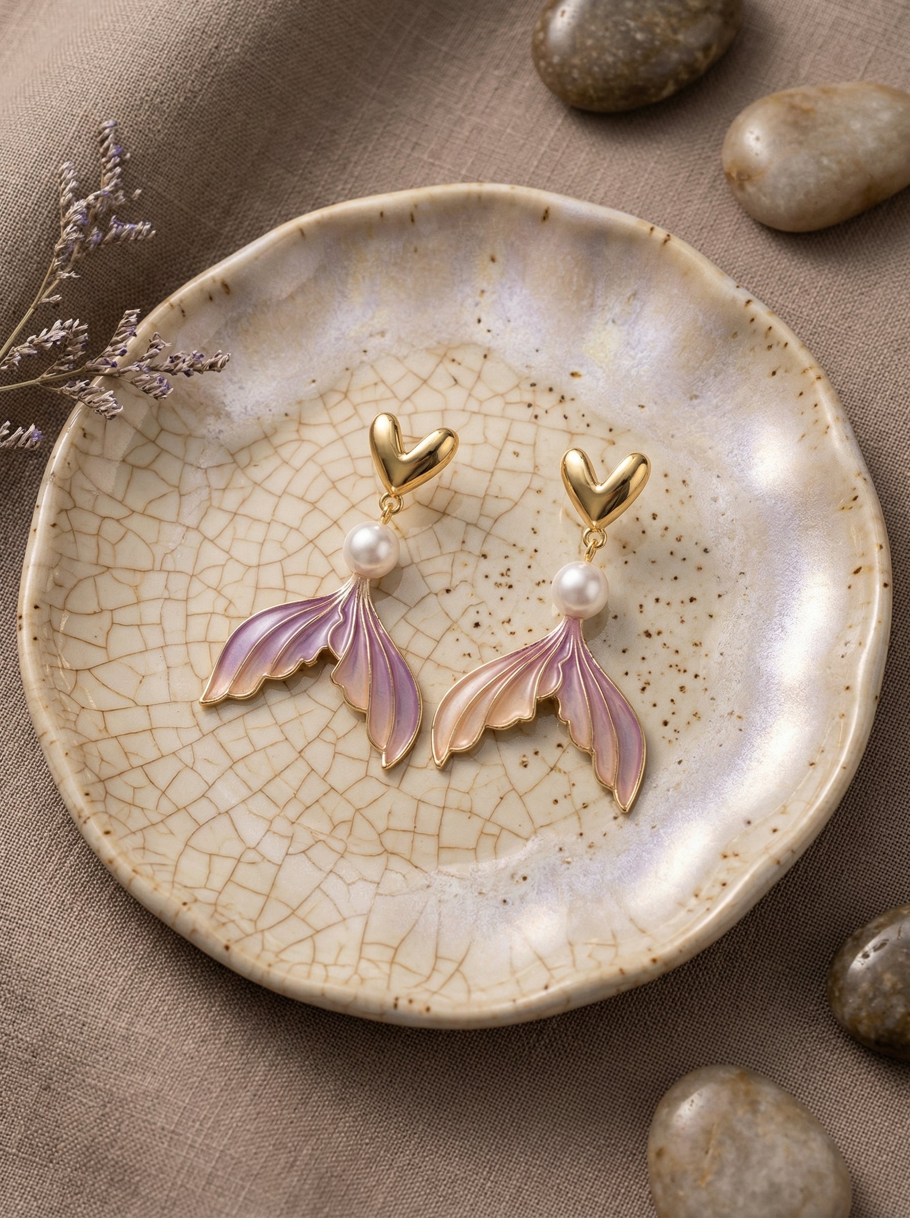 Lavender Purple Gold Fishtail Silver Needle Drop Earrings with Pearl