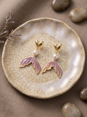 Lavender Purple Gold Fishtail Silver Needle Drop Earrings with Pearl
