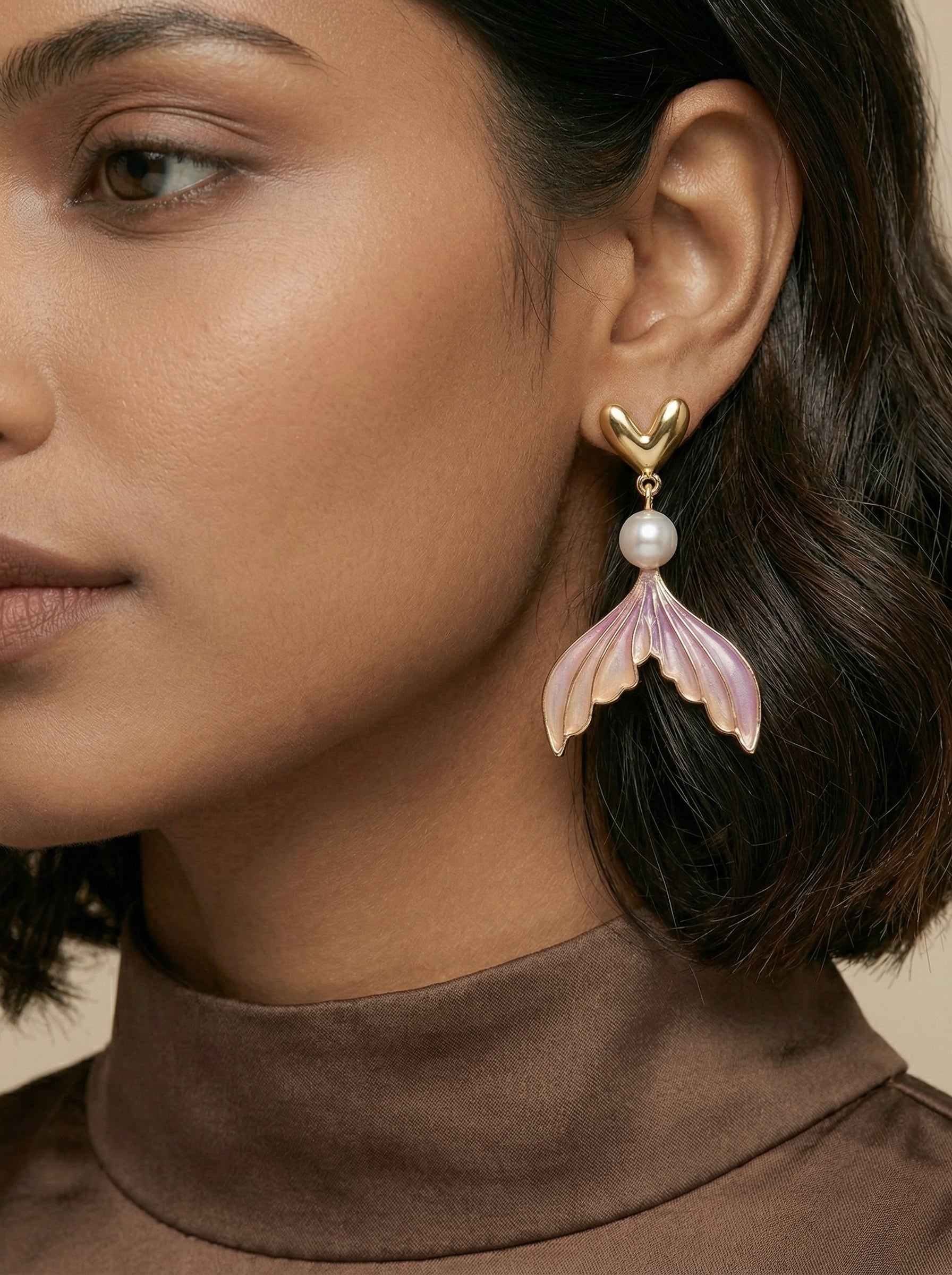 Lavender Purple Gold Fishtail Silver Needle Drop Earrings with Pearl