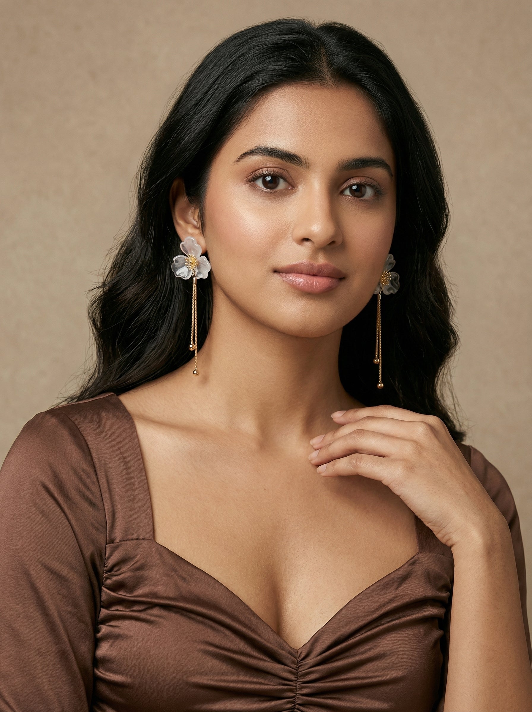 Gold & White Flower Tassel Earrings with Silver Needle