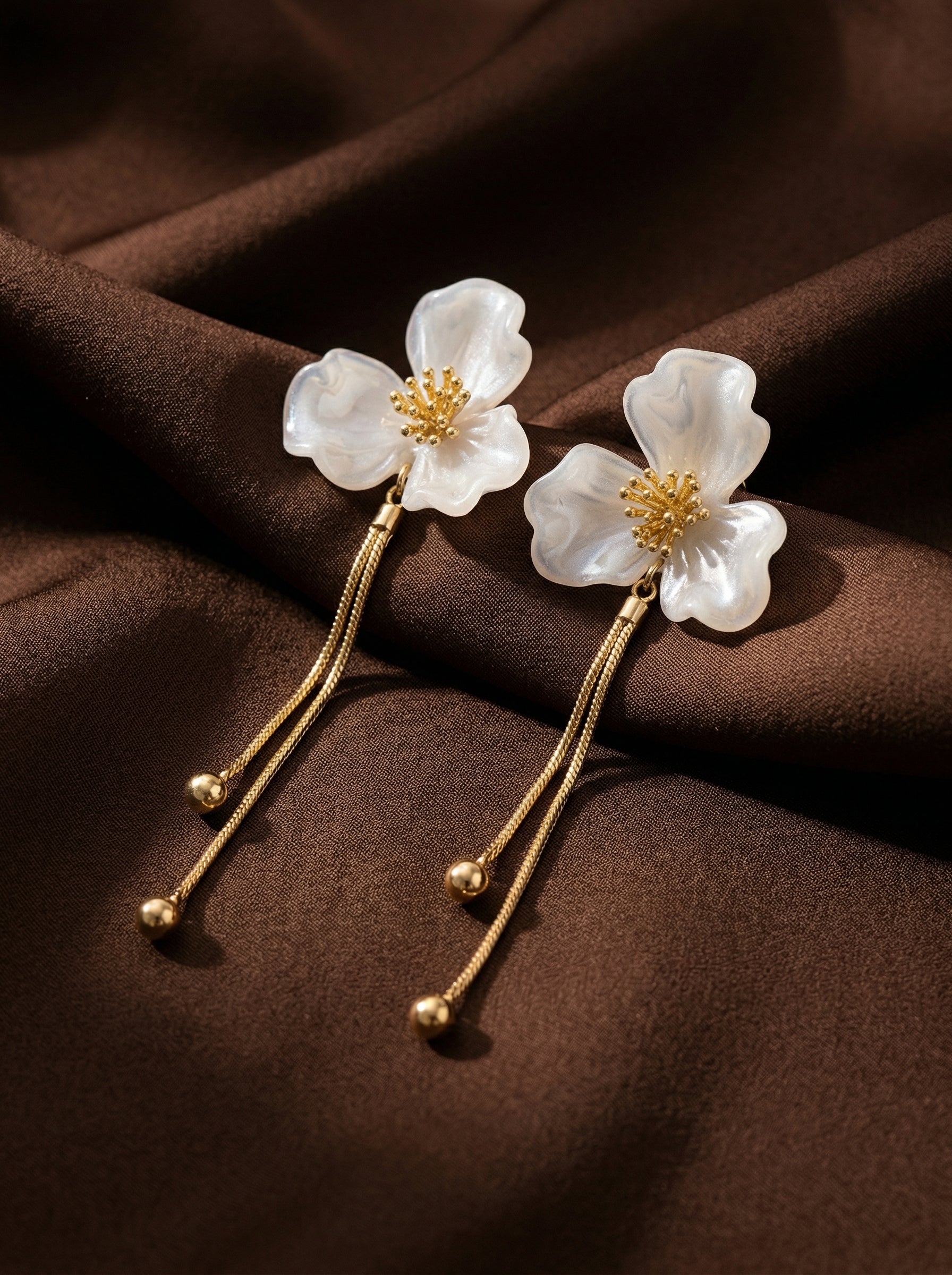 Gold & White Flower Tassel Earrings with Silver Needle