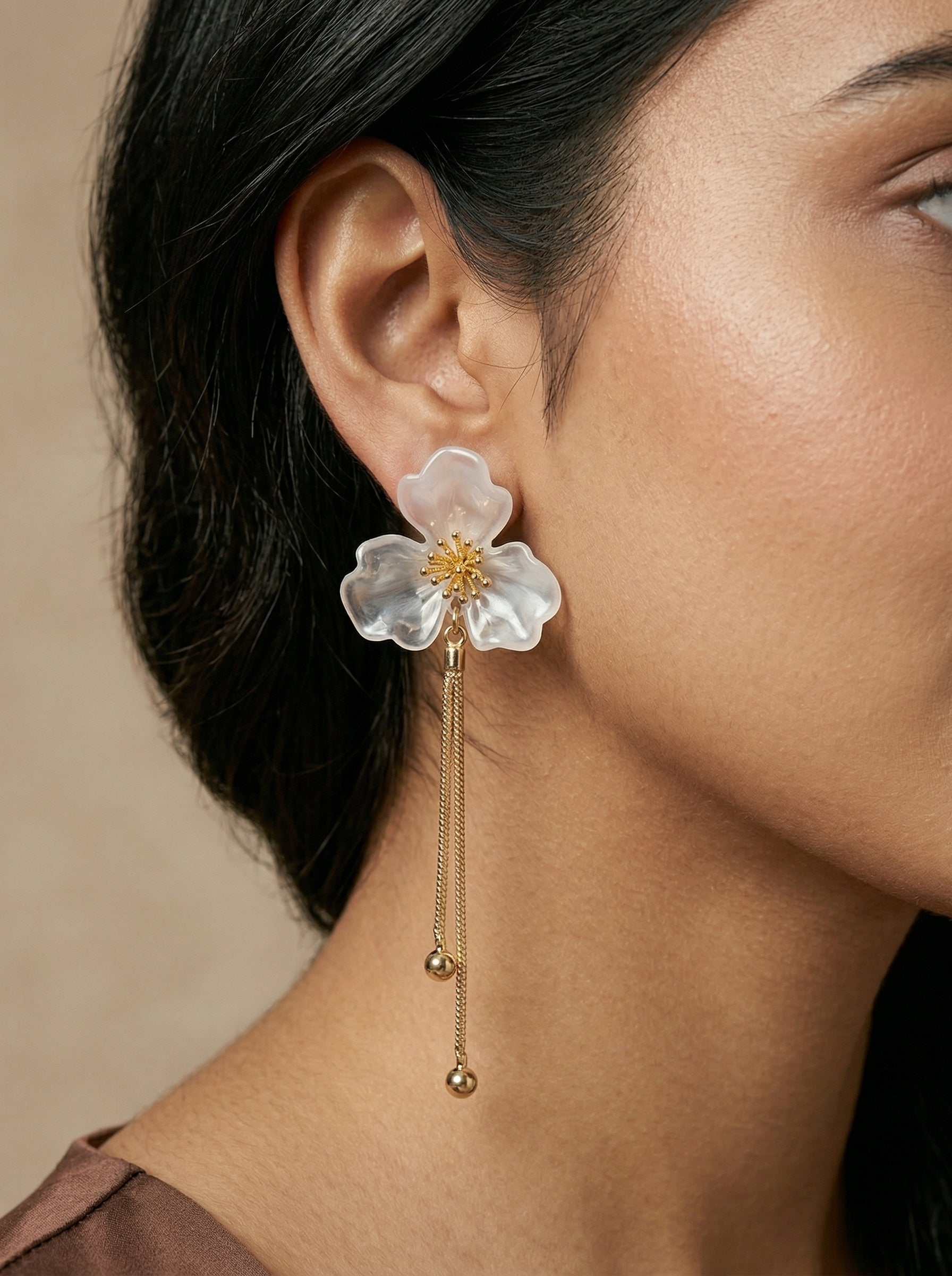 Gold & White Flower Tassel Earrings with Silver Needle
