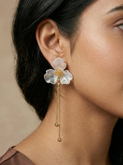 Gold & White Flower Tassel Earrings with Silver Needle