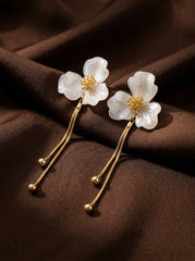 Gold & White Flower Tassel Earrings with Silver Needle