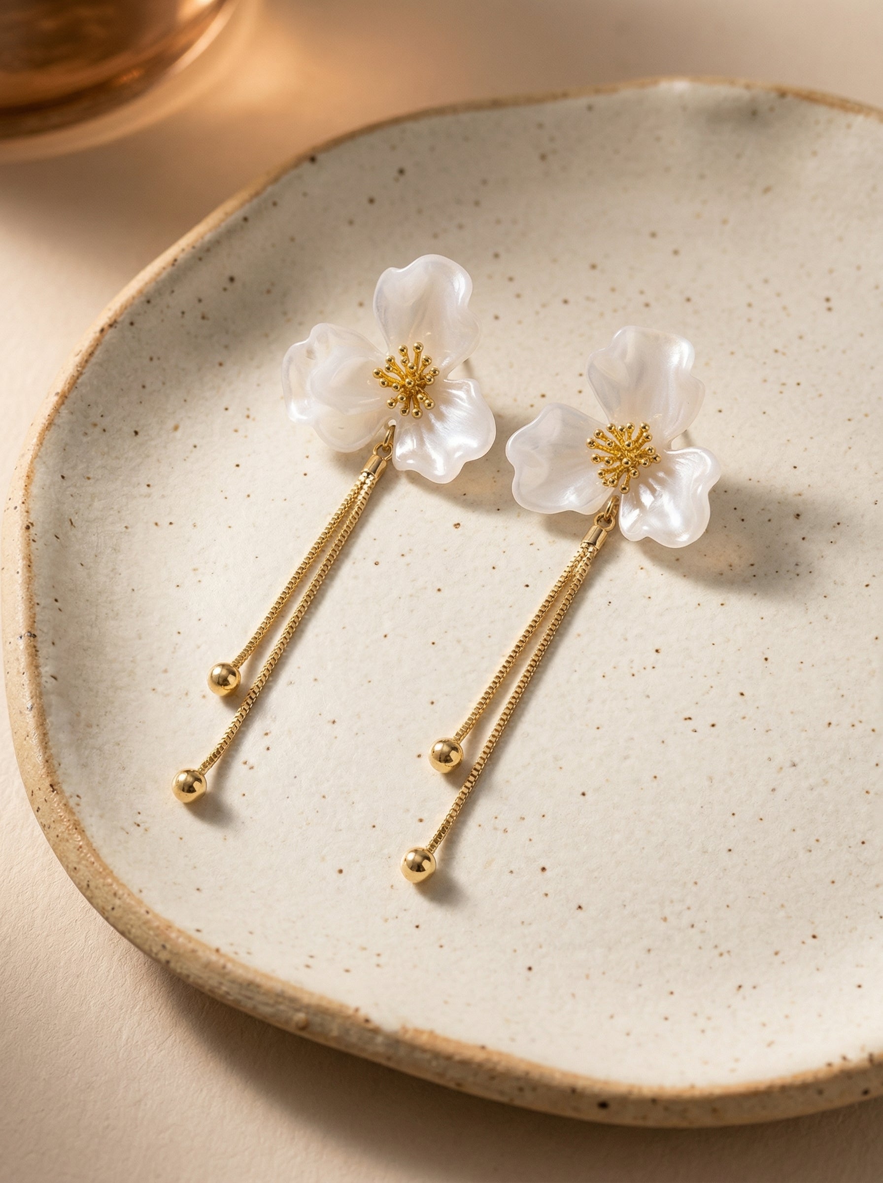 Gold & White Flower Tassel Earrings with Silver Needle