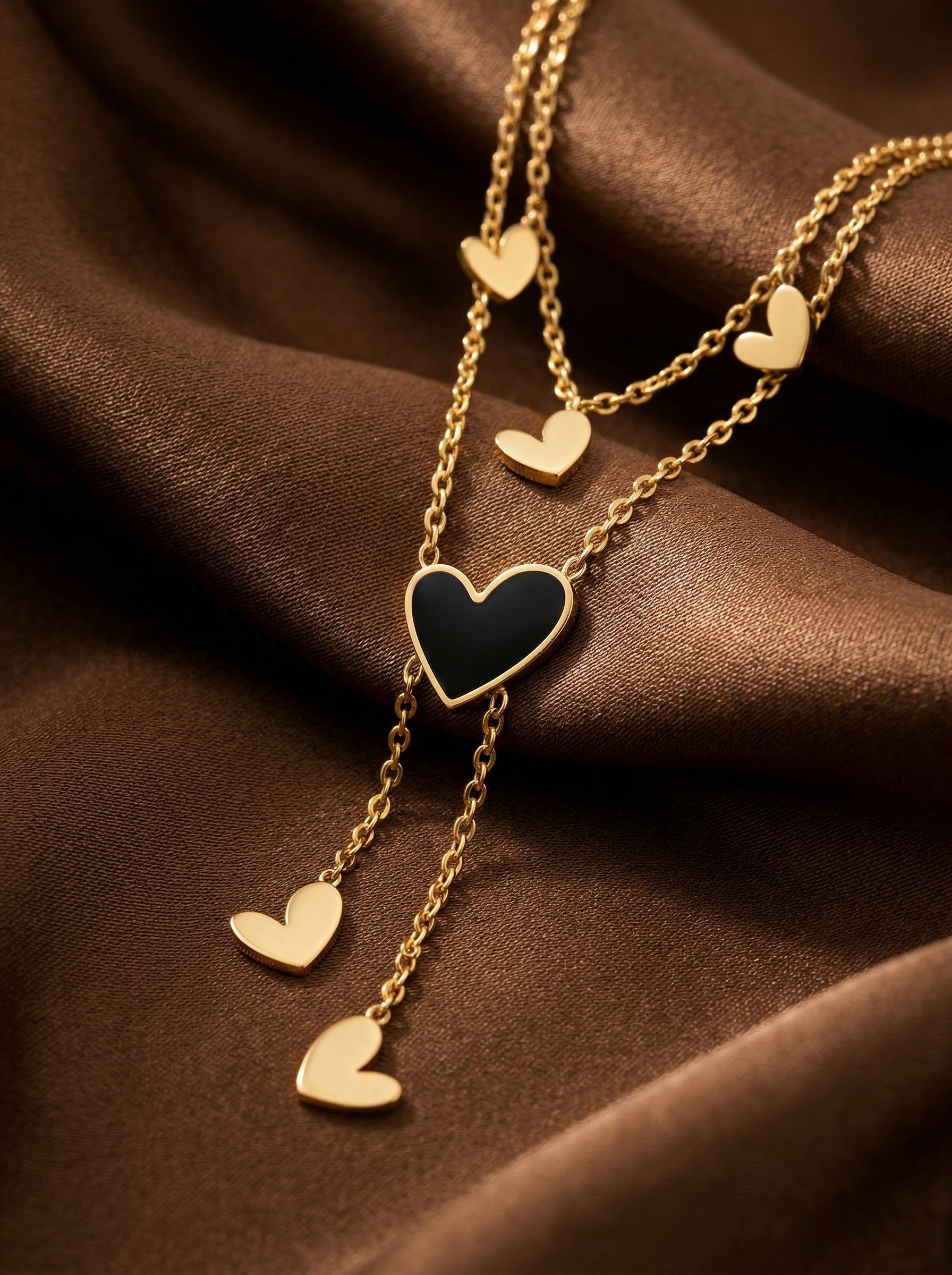 Gold Titanium Steel Multi-Layered Heart Pendant Necklace