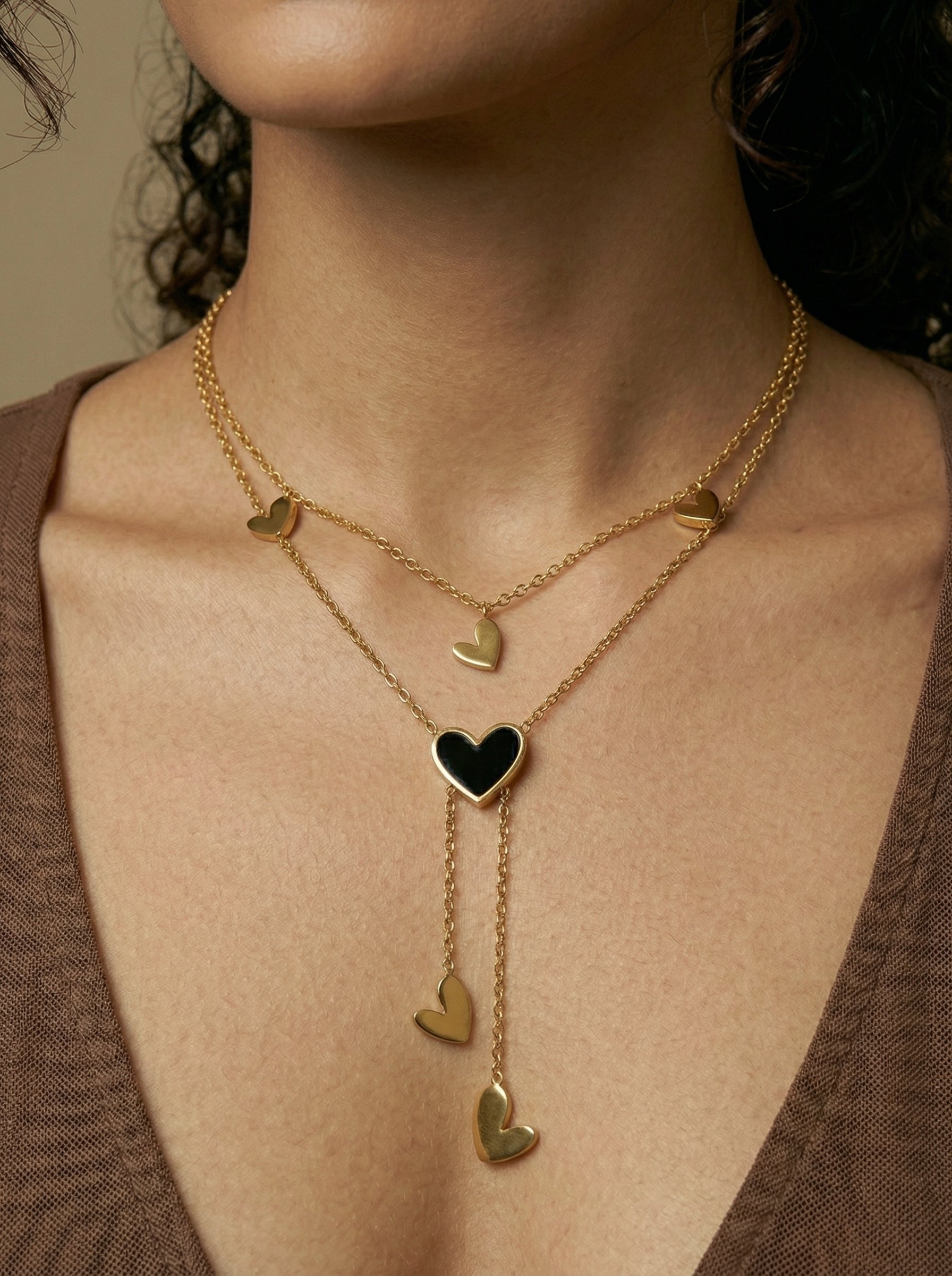 Gold Titanium Steel Multi-Layered Heart Pendant Necklace