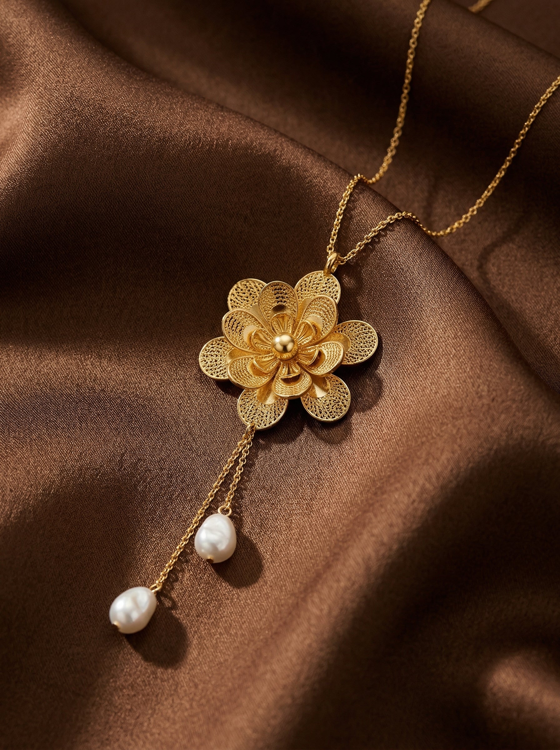 Women's Retro Gold Plated Flower Necklace with Pearl Tassel