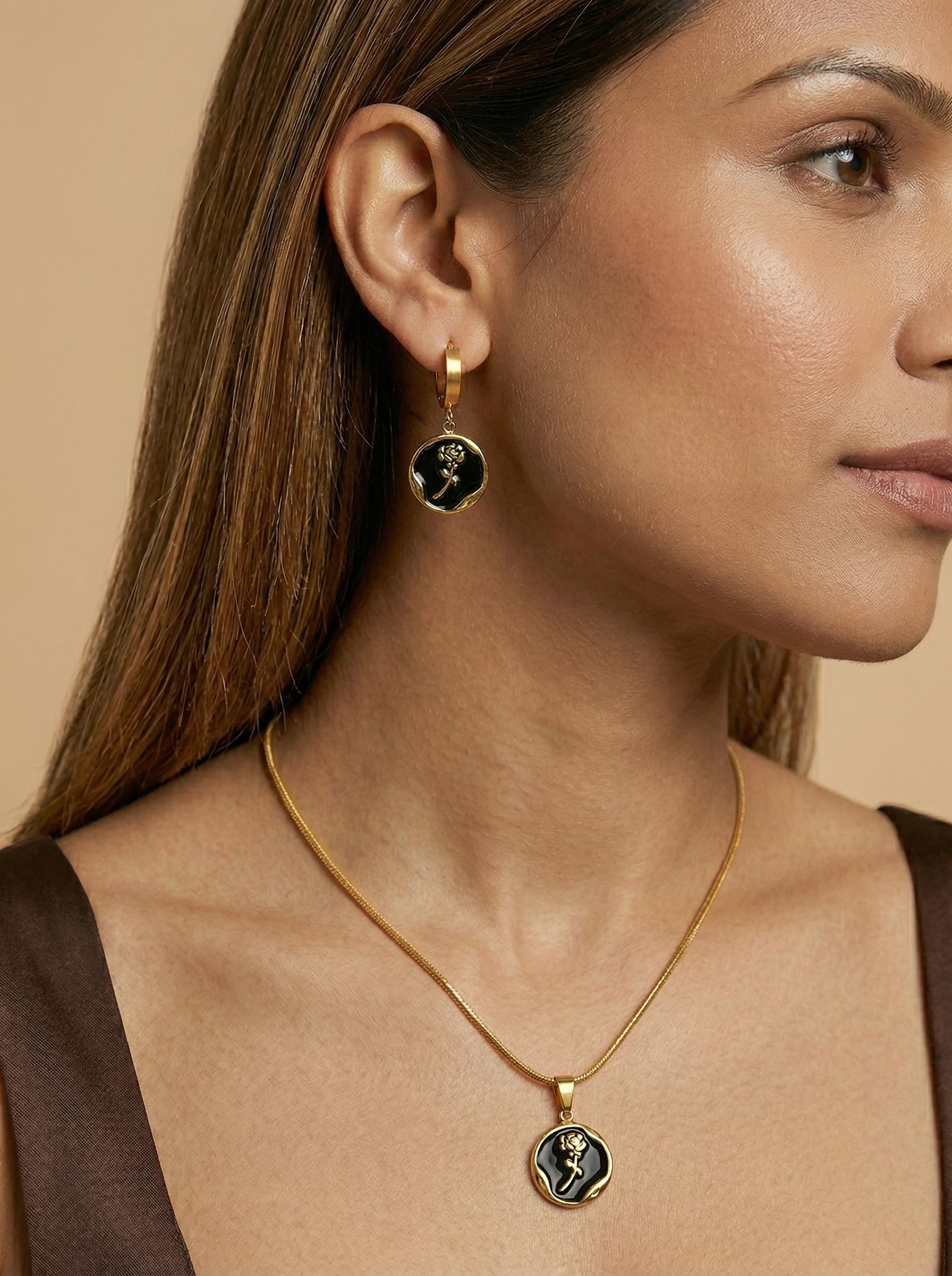 Black Rose 18K Gold Plated Necklace & Hoop Earrings Set
