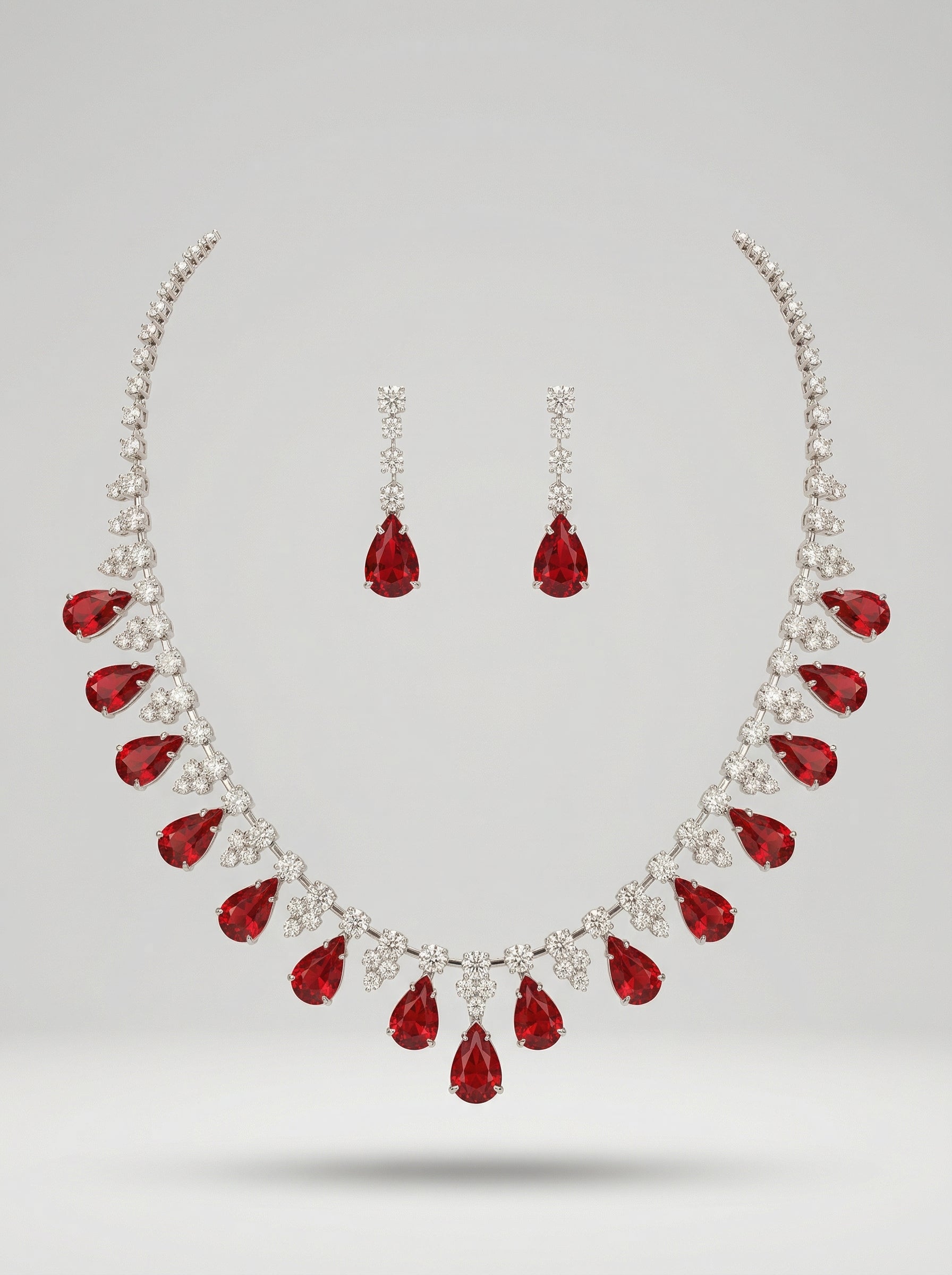 Copper Gold-Plated Red & Clear Rhinestone Necklace Earrings Set