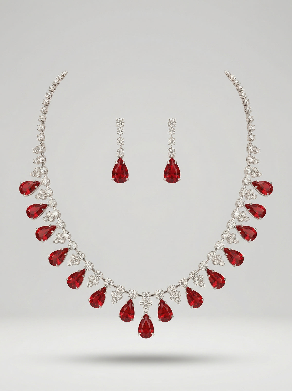 Copper Gold-Plated Red & Clear Rhinestone Necklace Earrings Set