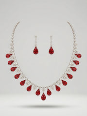 Copper Gold-Plated Red & Clear Rhinestone Necklace Earrings Set