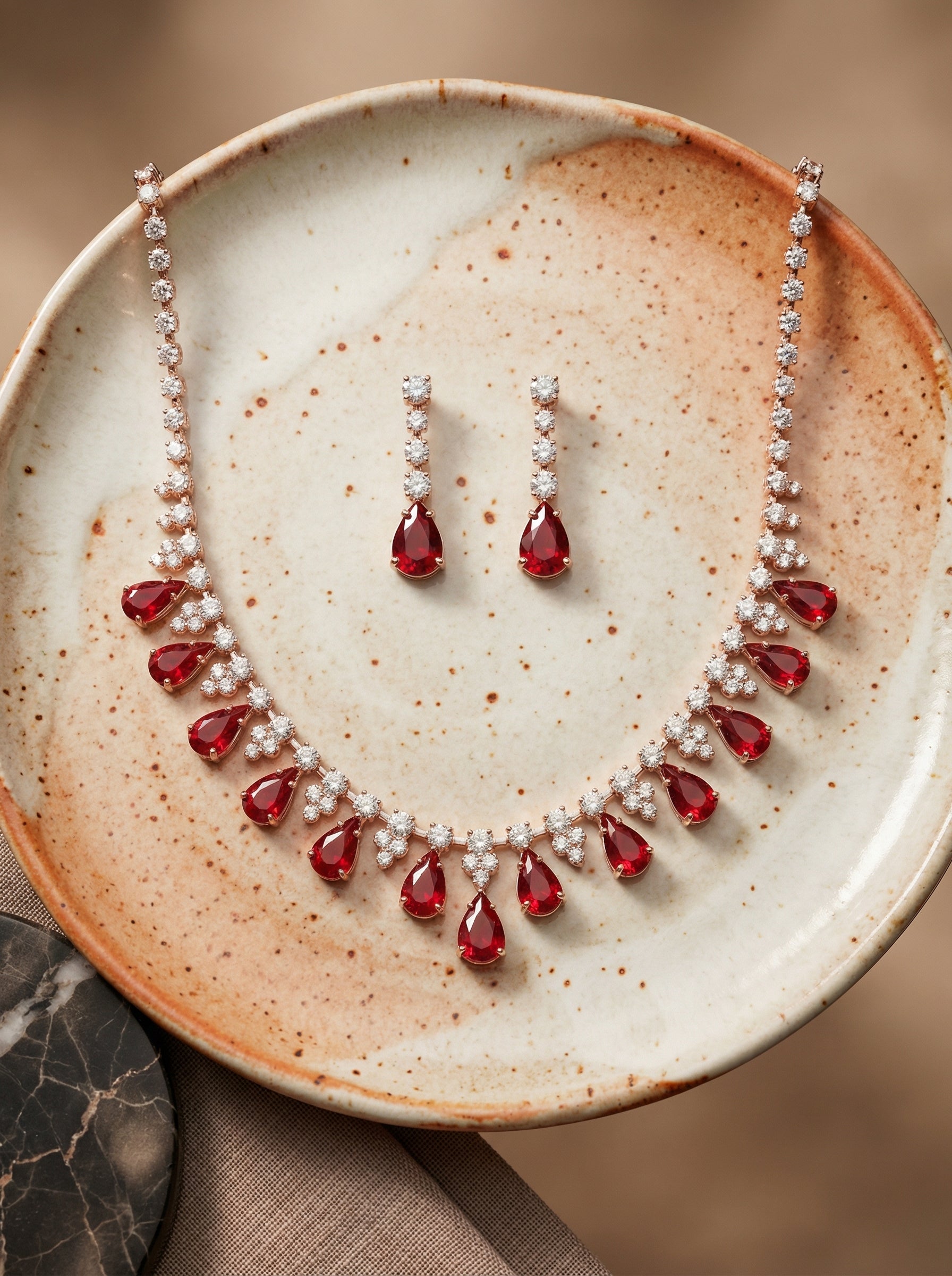 Copper Gold-Plated Red & Clear Rhinestone Necklace Earrings Set