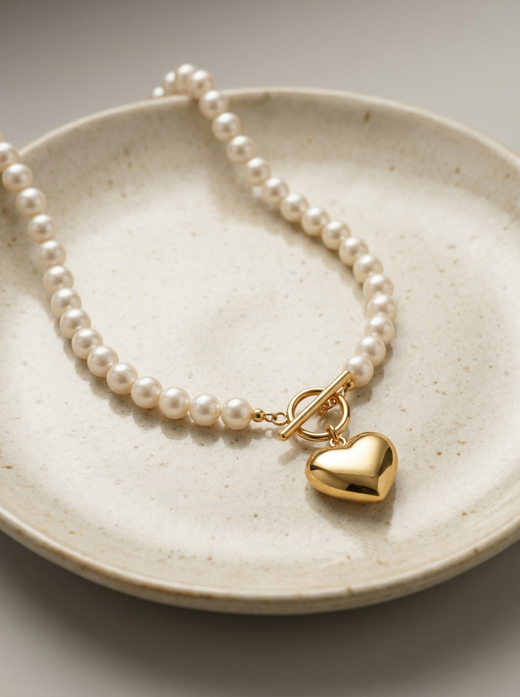 Gold-Tone Heart Pendant Pearl Necklace - Gold Plated Stainless Steel & Cream Pearls