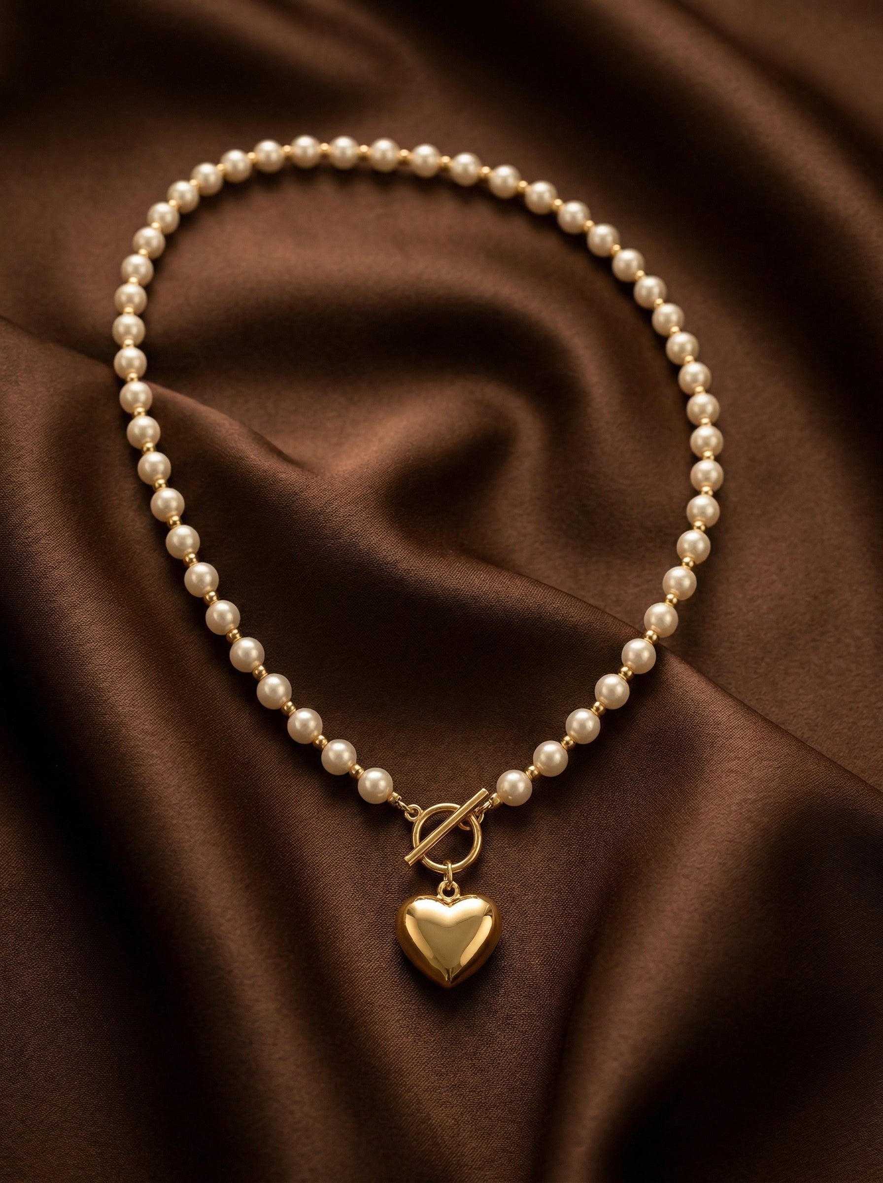 Gold-Tone Heart Pendant Pearl Necklace - Gold Plated Stainless Steel & Cream Pearls