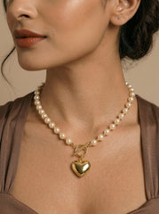 Gold-Tone Heart Pendant Pearl Necklace - Gold Plated Stainless Steel & Cream Pearls
