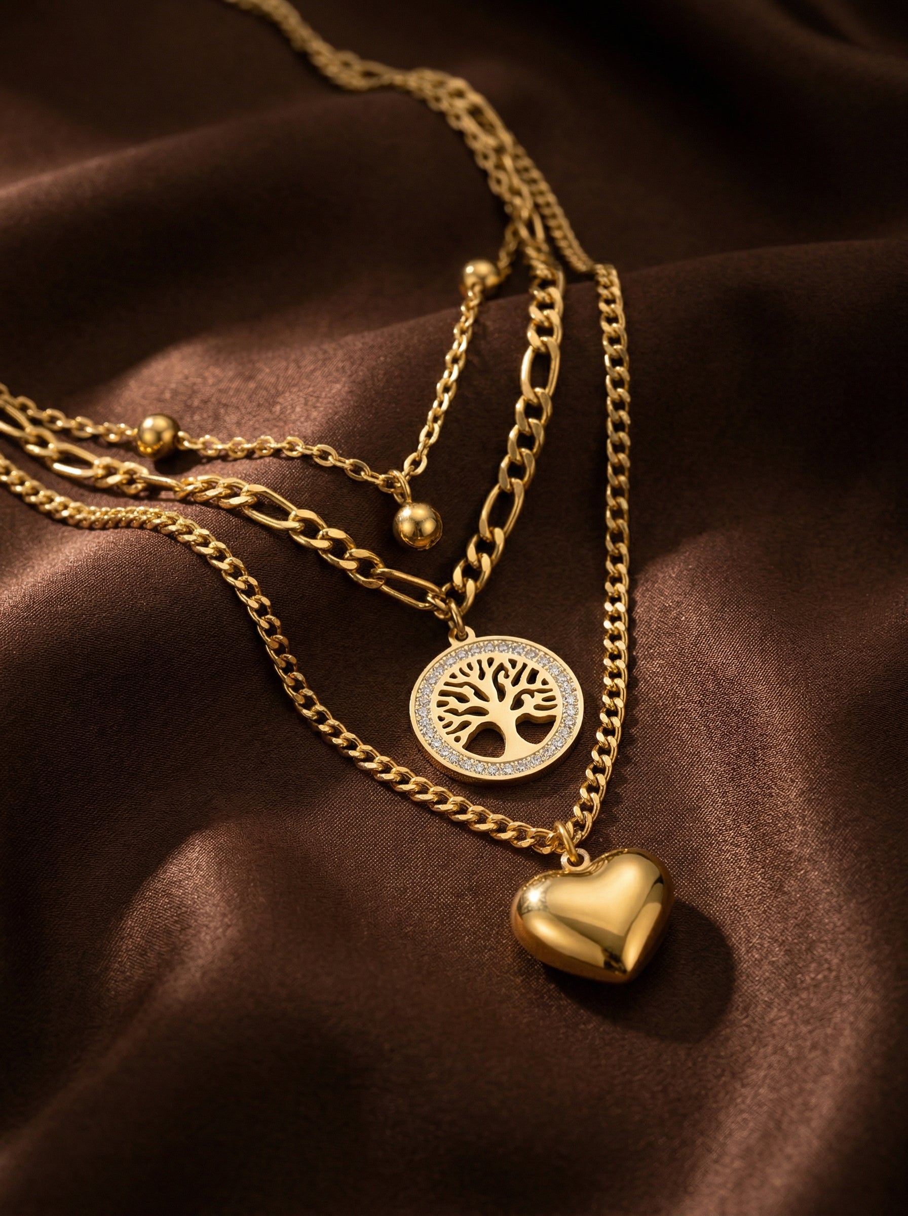 Gold Titanium Steel Multi-Layer Necklace with Heart & Tree of Life