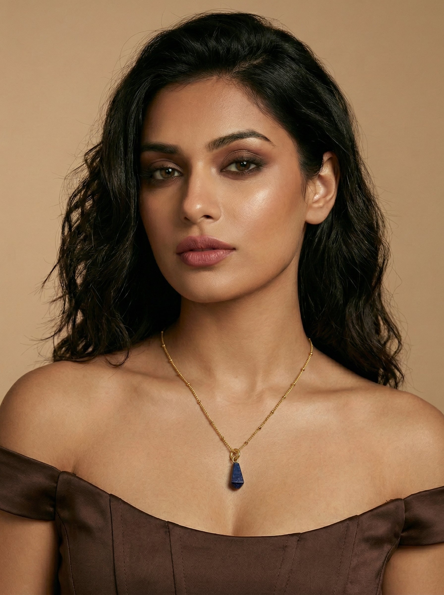 Gold-Tone Lapis Lazuli Necklace with Irregular Teardrop Pendant