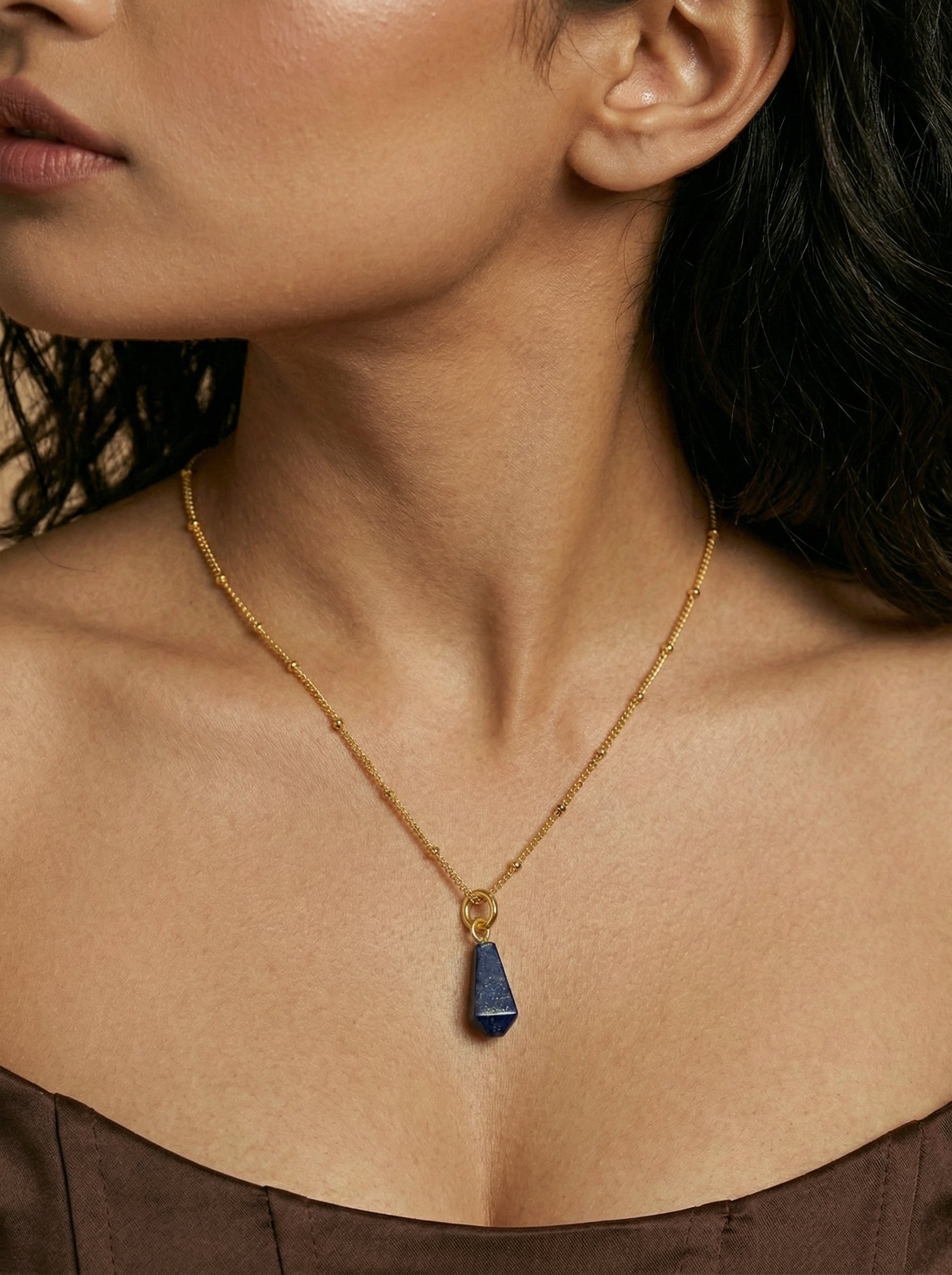 Gold-Tone Lapis Lazuli Necklace with Irregular Teardrop Pendant