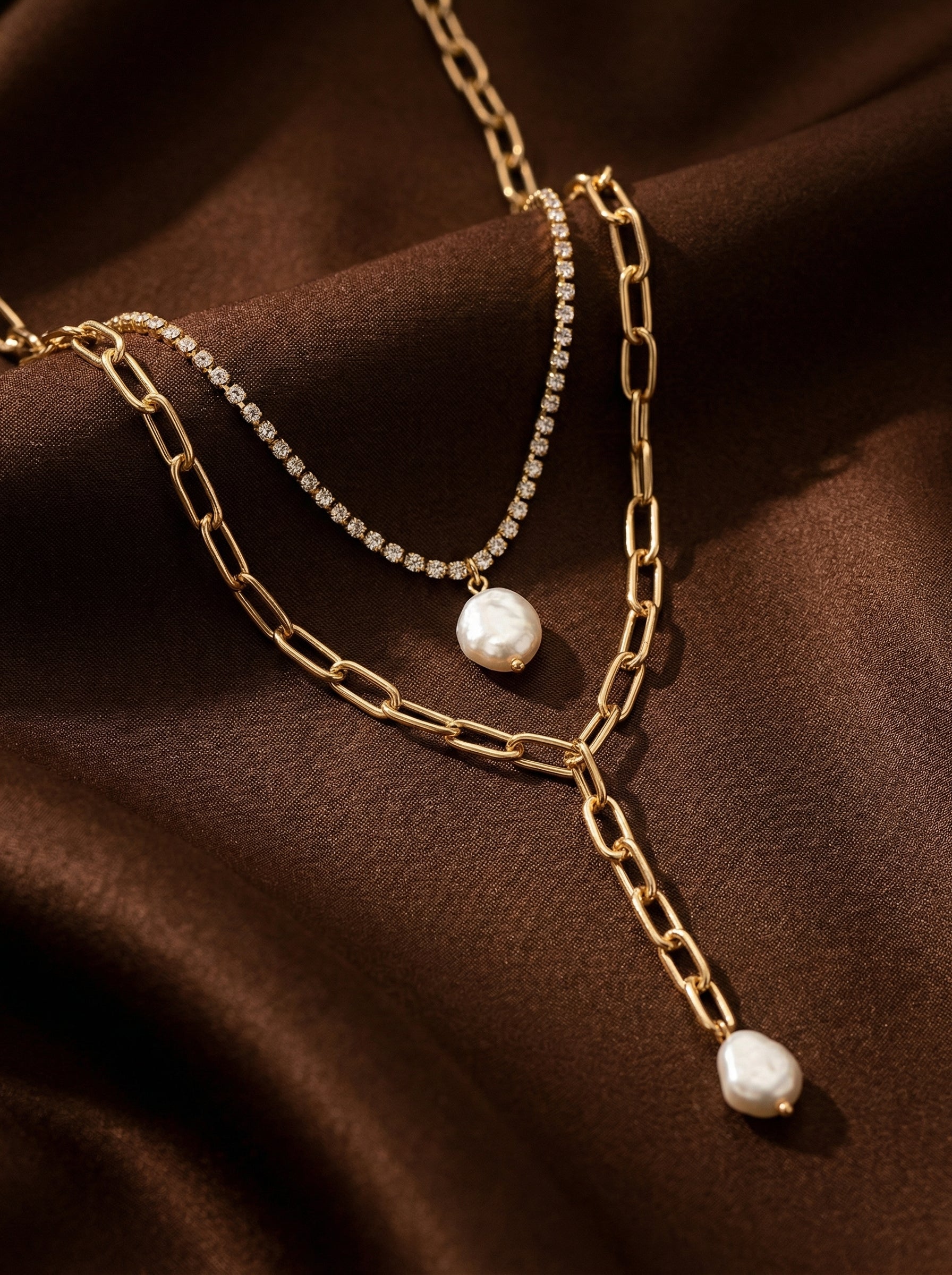 Gold Multi-Layered Tassel Necklace with Faux Pearl Drop