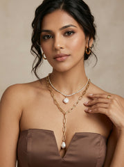 Gold Multi-Layered Tassel Necklace with Faux Pearl Drop