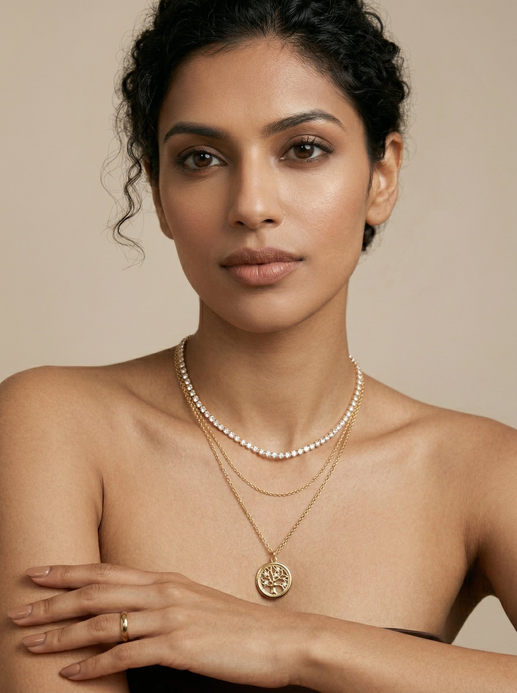 Gold Multi-Layer Alloy Necklace with Hollow Tree Pendant