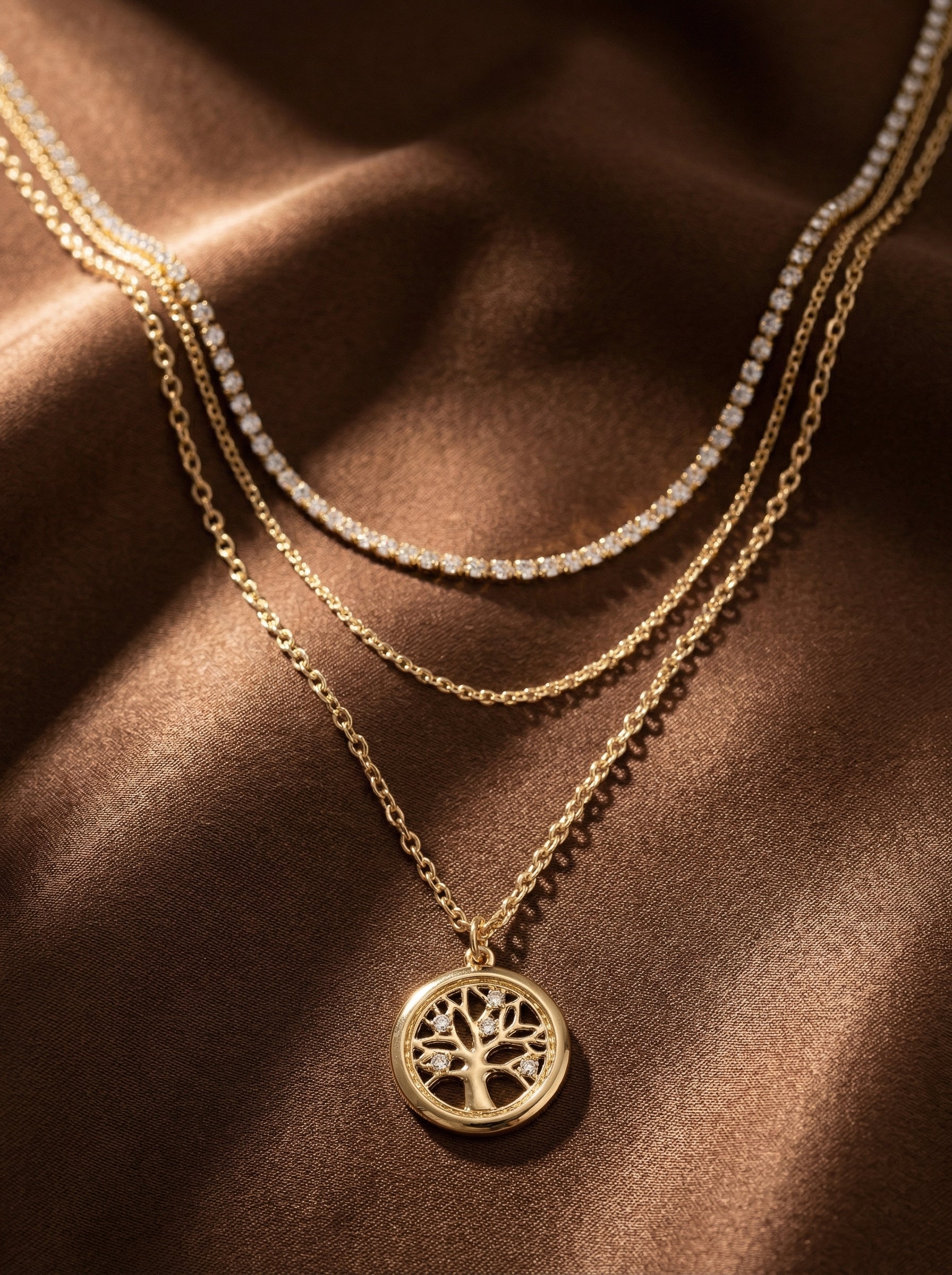 Gold Multi-Layer Alloy Necklace with Hollow Tree Pendant