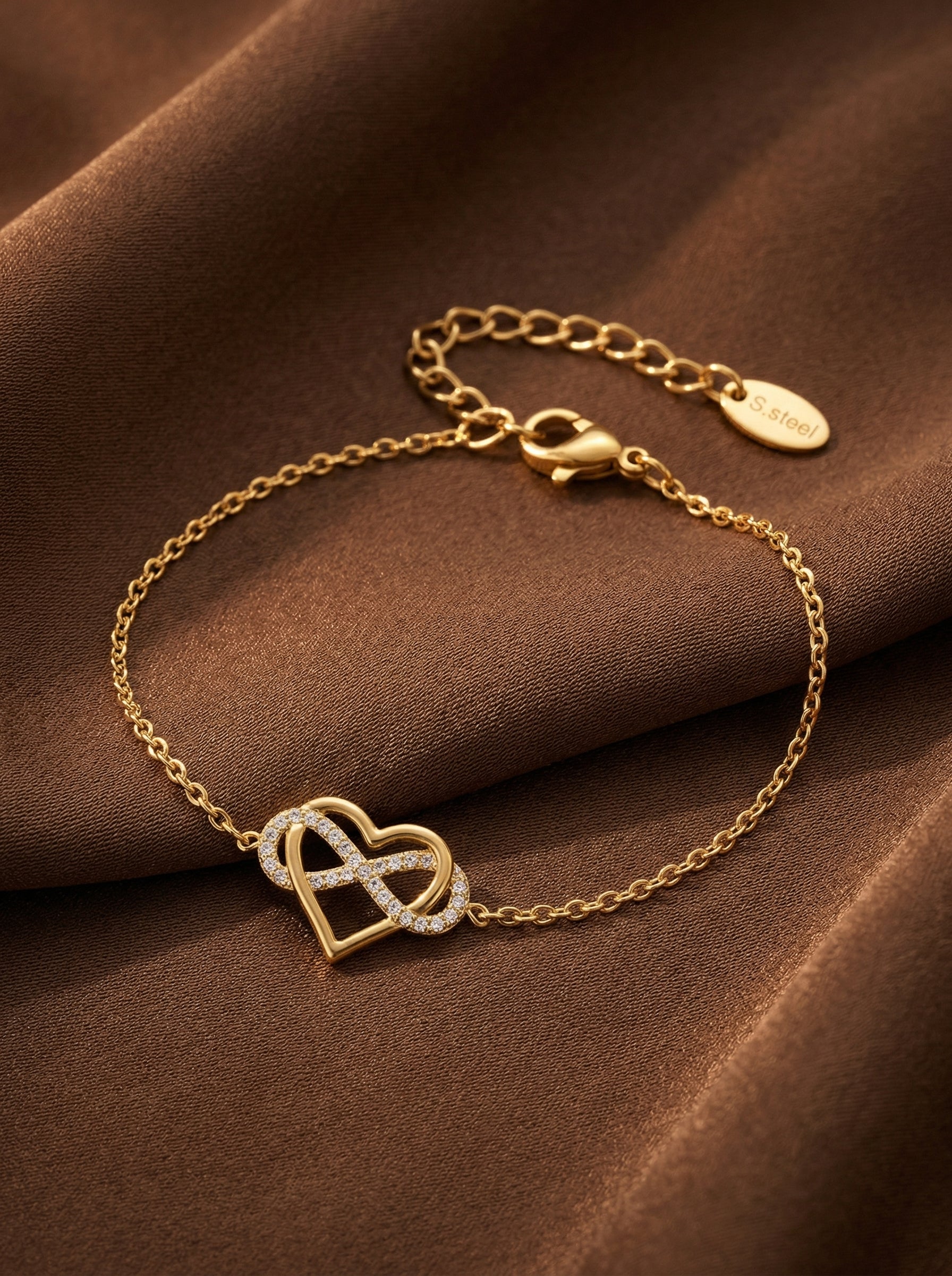 Gold Stainless Steel Heart Zircon Bracelet Adjustable 16-21cm