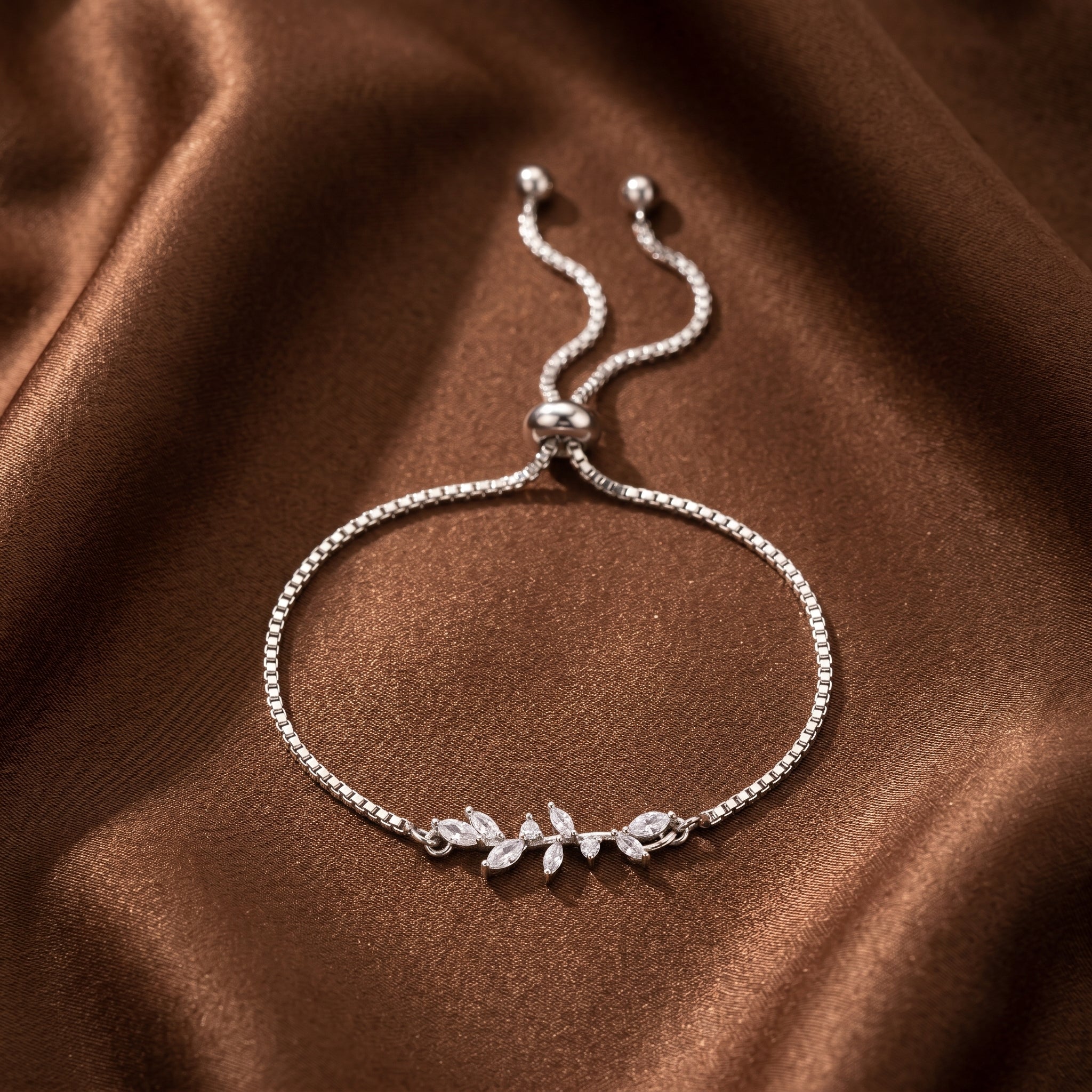 Silver Adjustable Leaf Bracelet with Copper Plating and Zircon