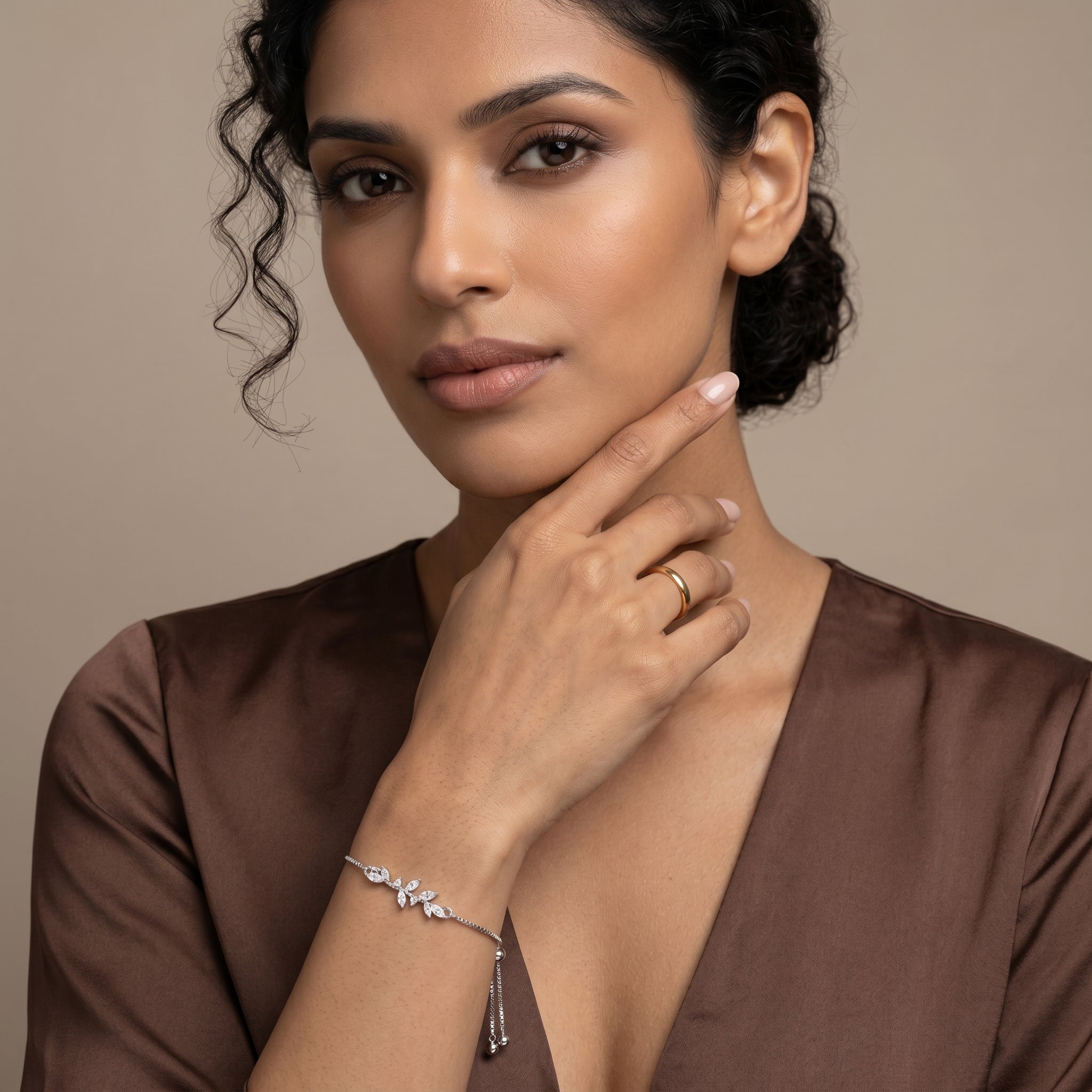 Silver Adjustable Leaf Bracelet with Copper Plating and Zircon